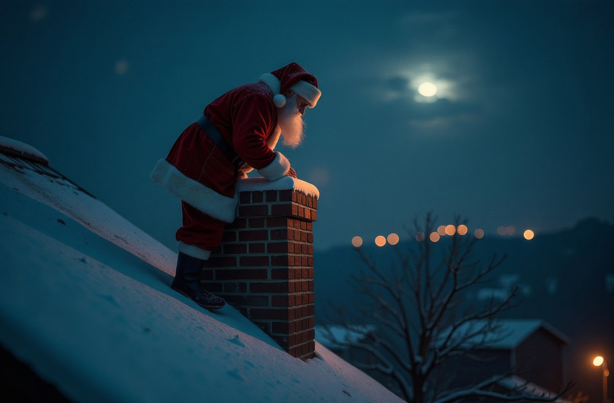 Santa Claus climbing into the chimney of the fireplace on the ro