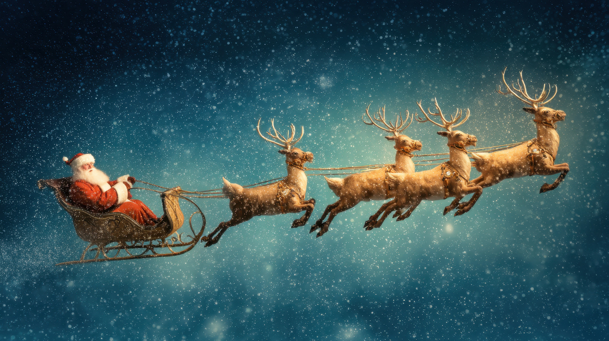 Santa Claus in Sleigh with Reindeer Flying Through Snowy Sky