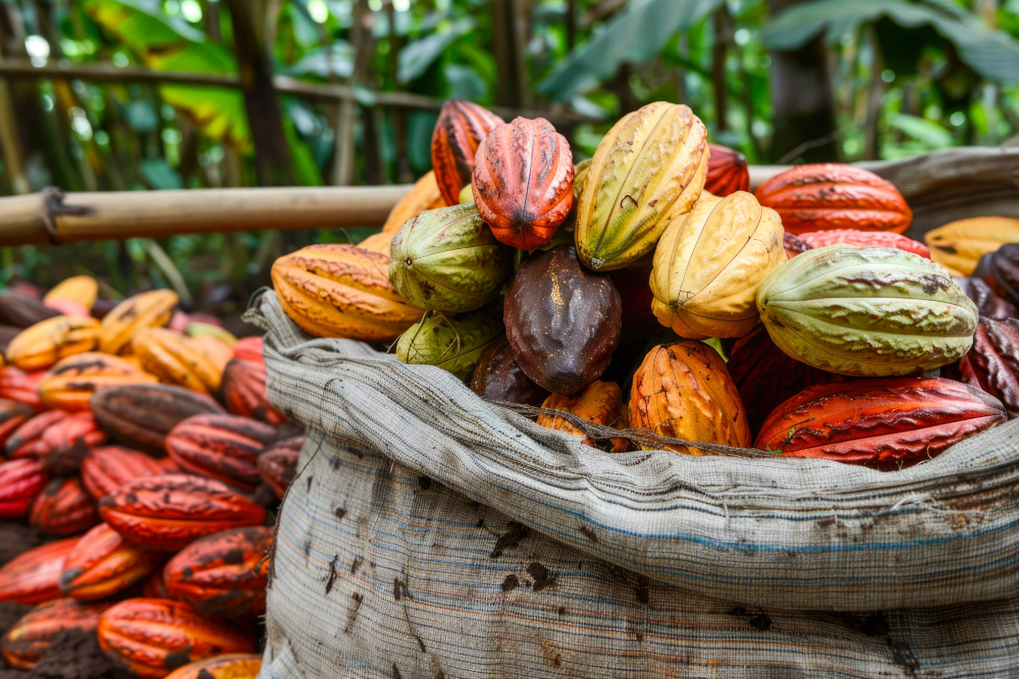 Cocoa pods in burlap sack on tropical plantation.