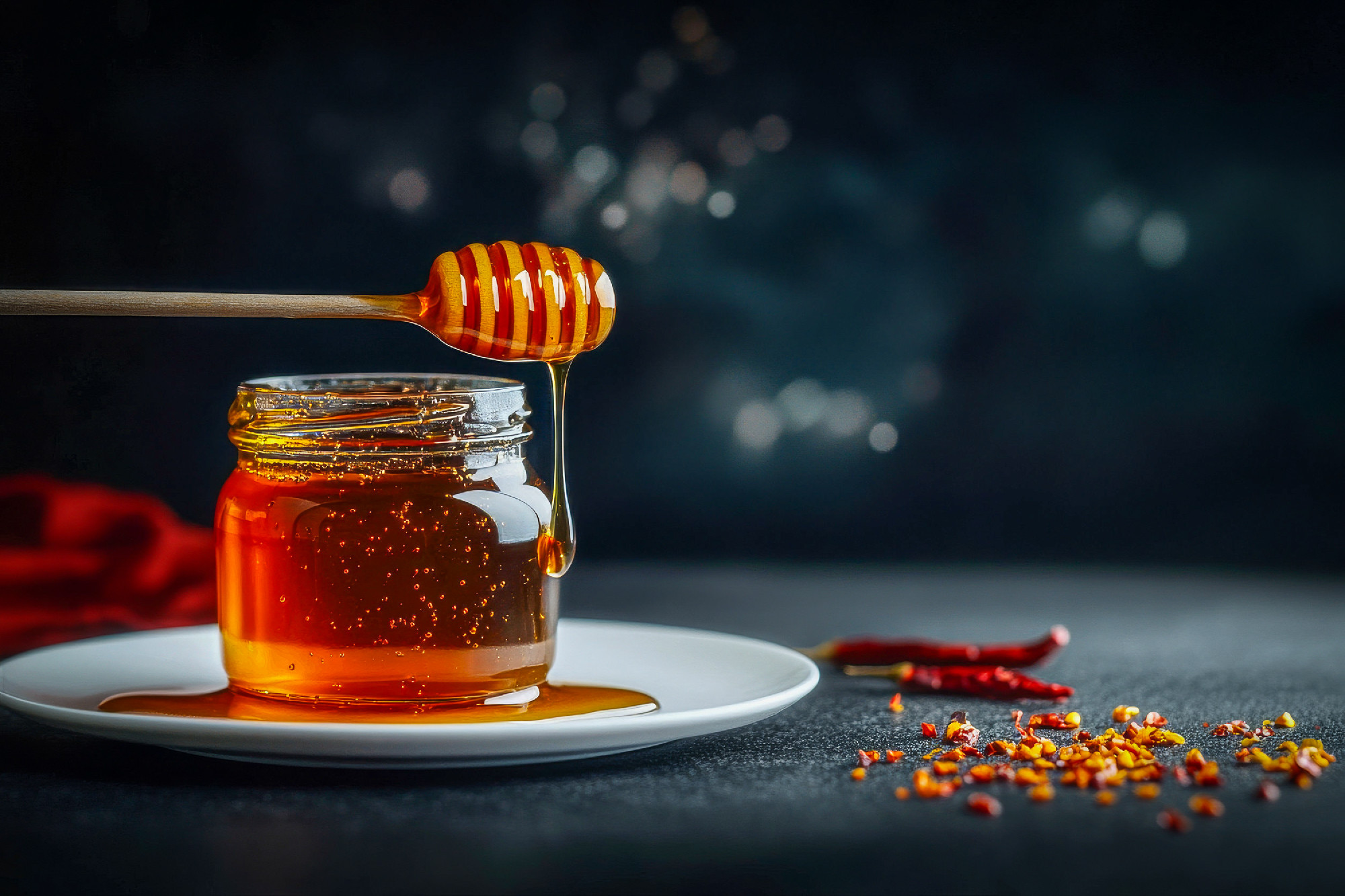 Delicious Honey Dripping From a Wooden Spoon in a Jar With Chili