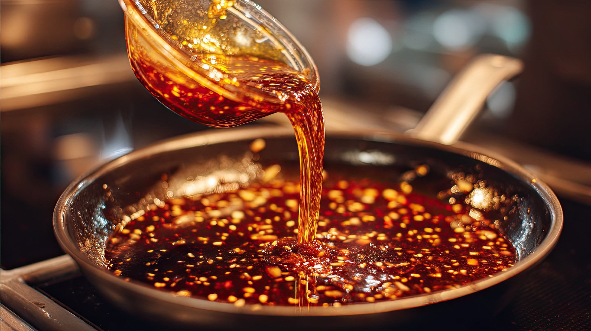 Rich and Flavorful Sauce Being Poured into a Hot Pan with Aromat