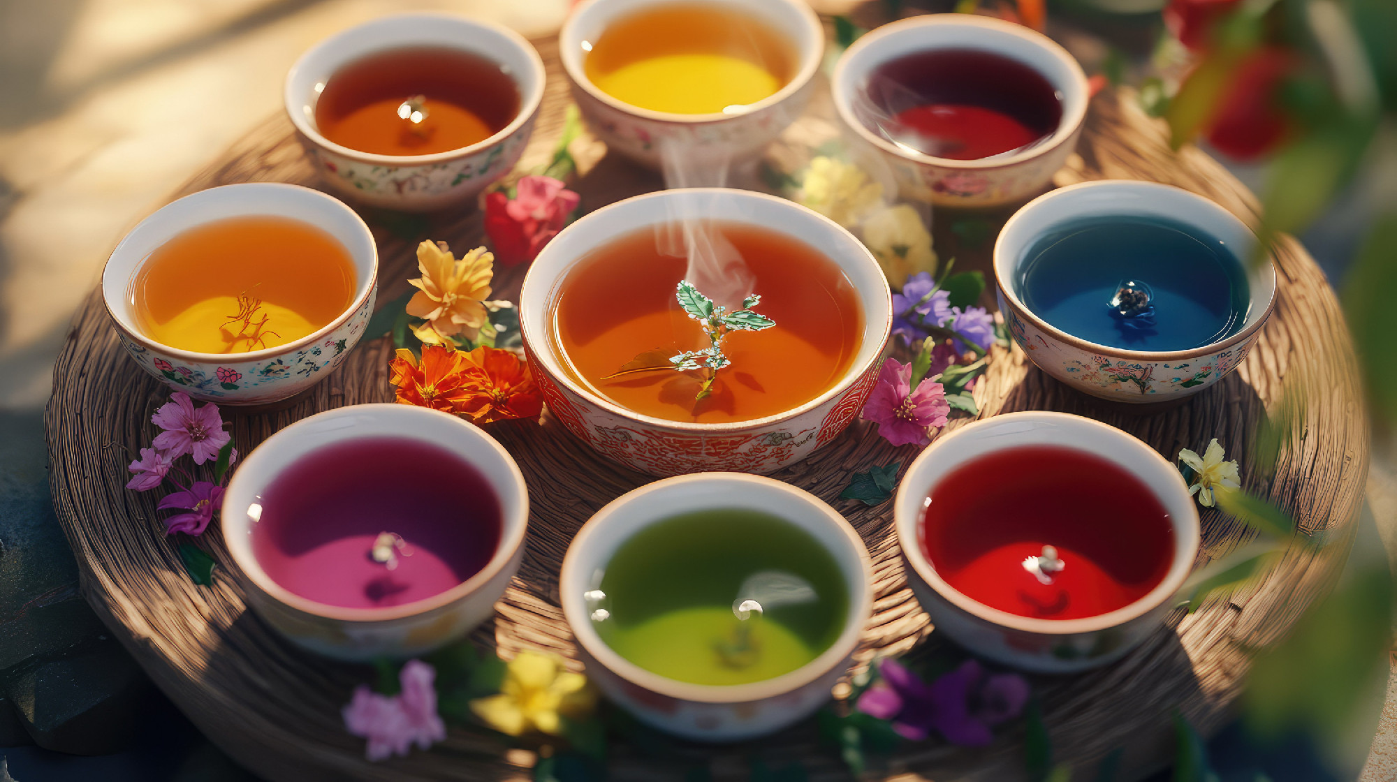 Vibrant Display of Colorful Herbal Teas with Flowers and Smoke i