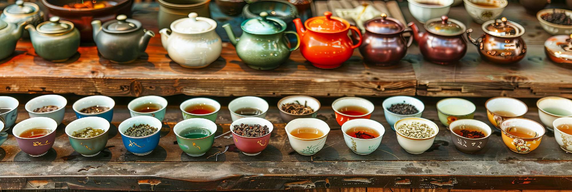 A variety of tea-filled cups elegantly displayed on a table, sho