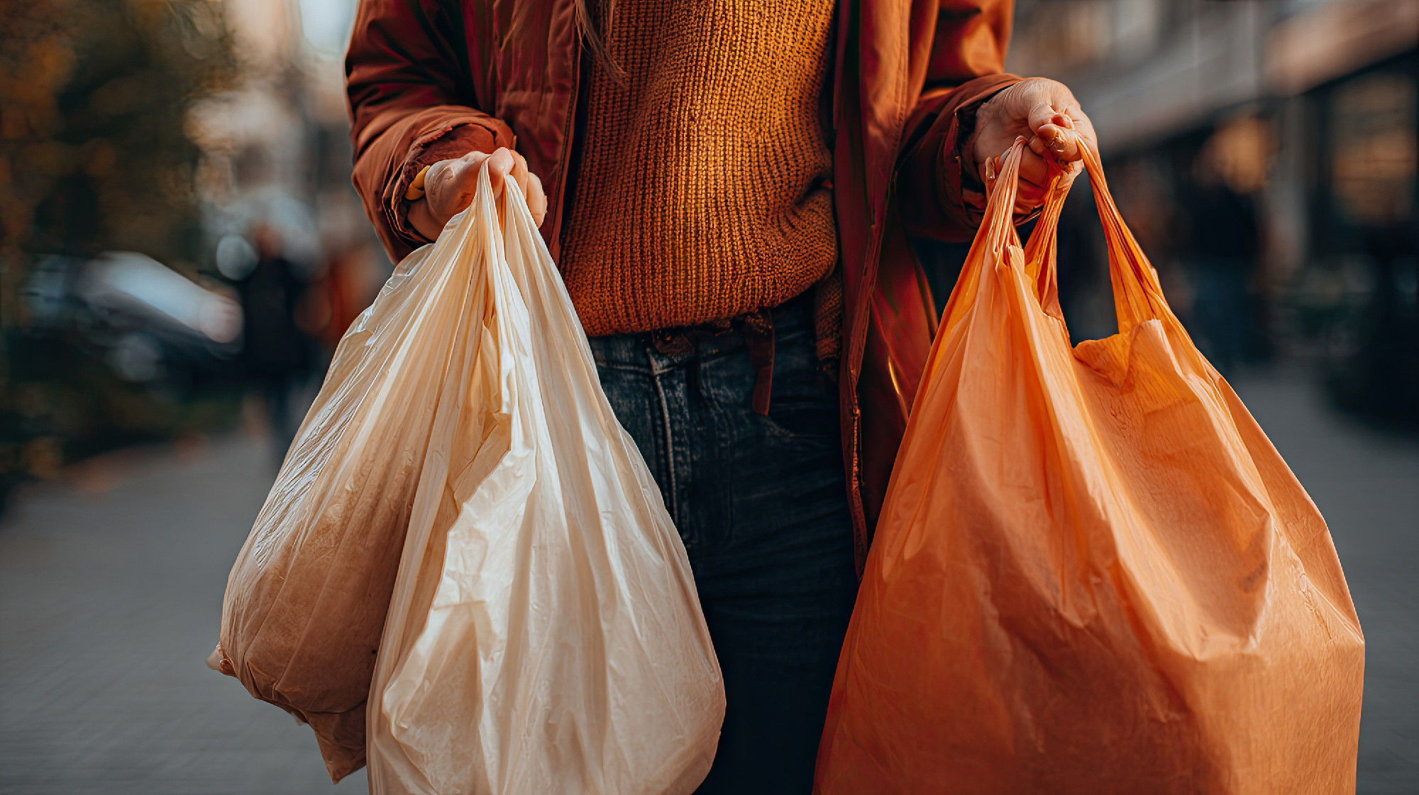 Woman Carrying Plastic Grocery Bags in Urban Setting During Dayl