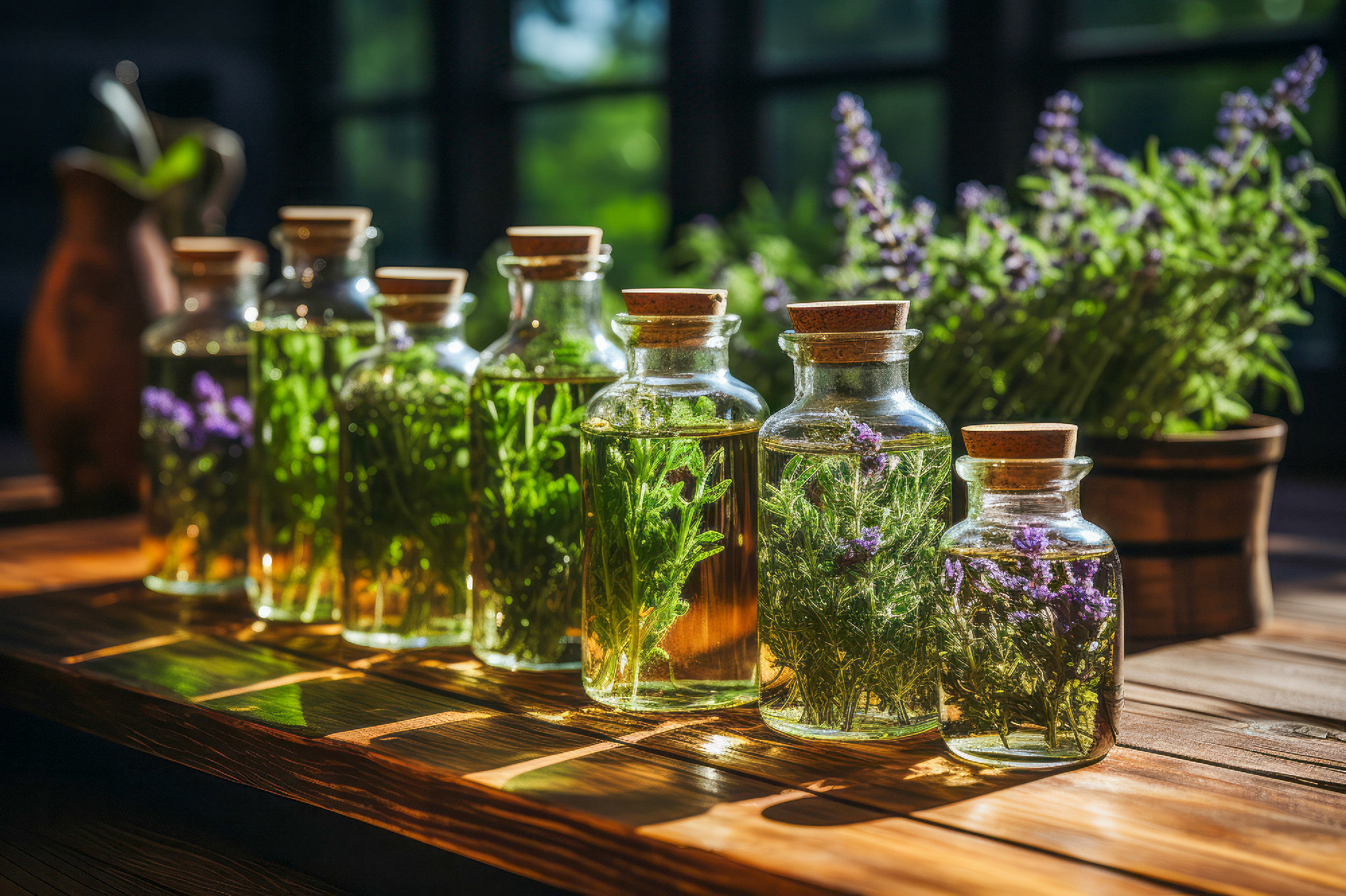 An assortment of essential oil bottles with fresh plants from wh