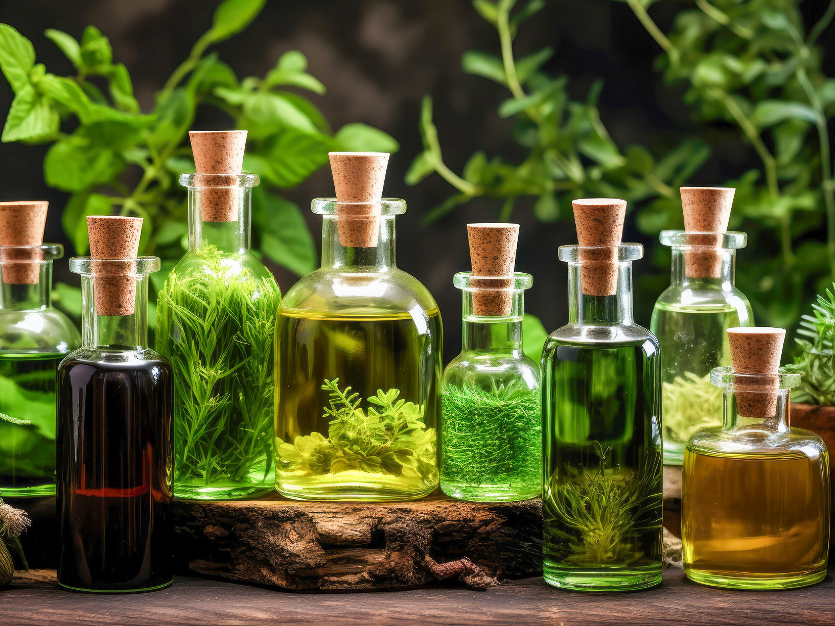 collection of various essential oils with plant elements