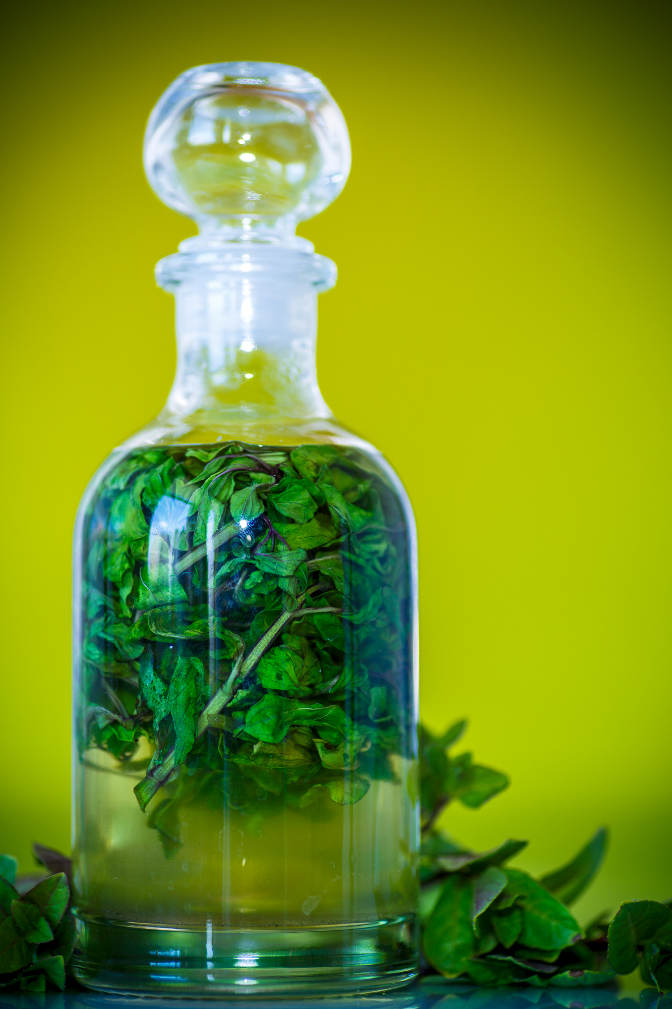 Mint syrup in a glass bottle