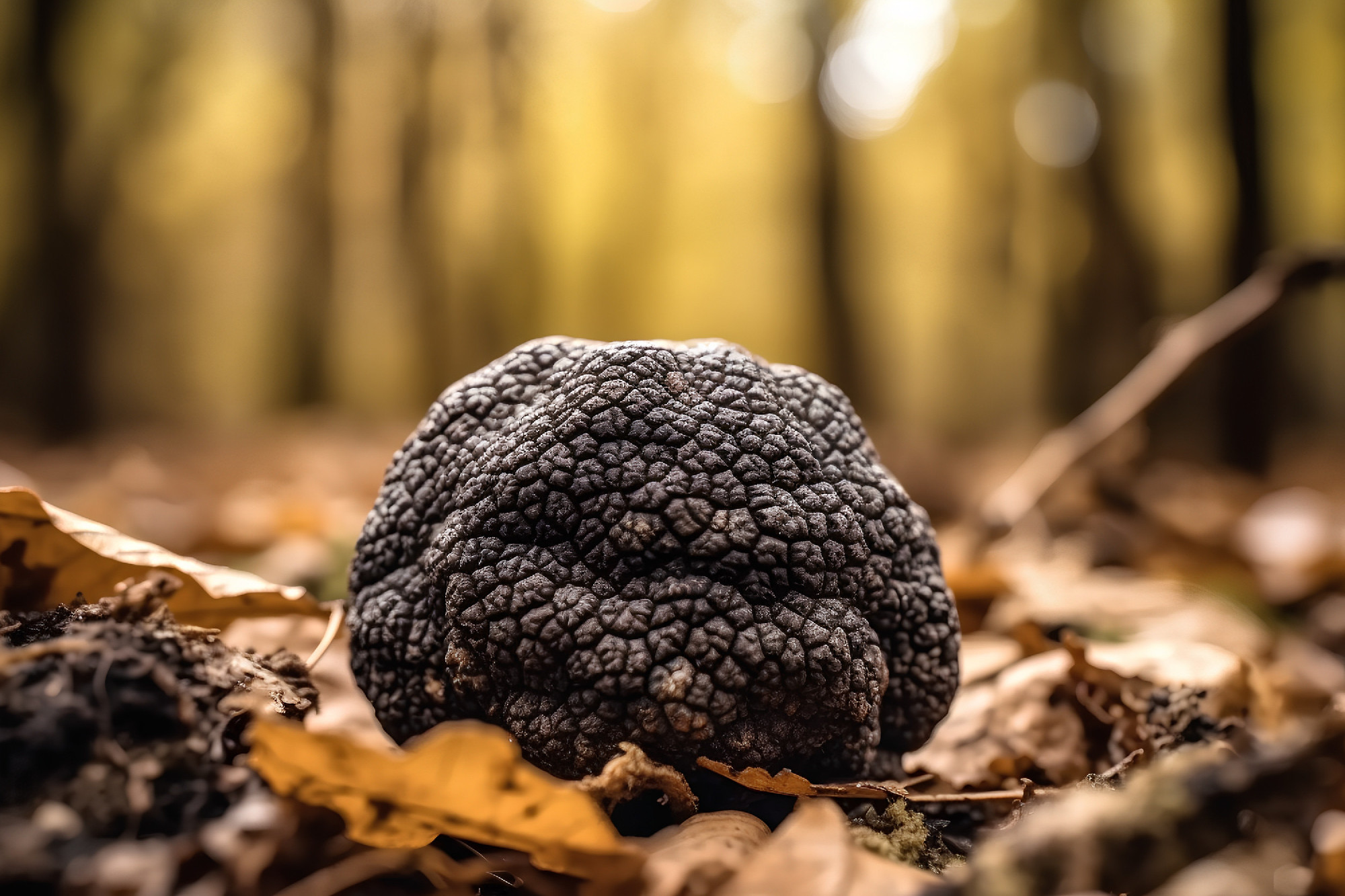 Close up of black truffle mushroom in autumn forest, macro shot