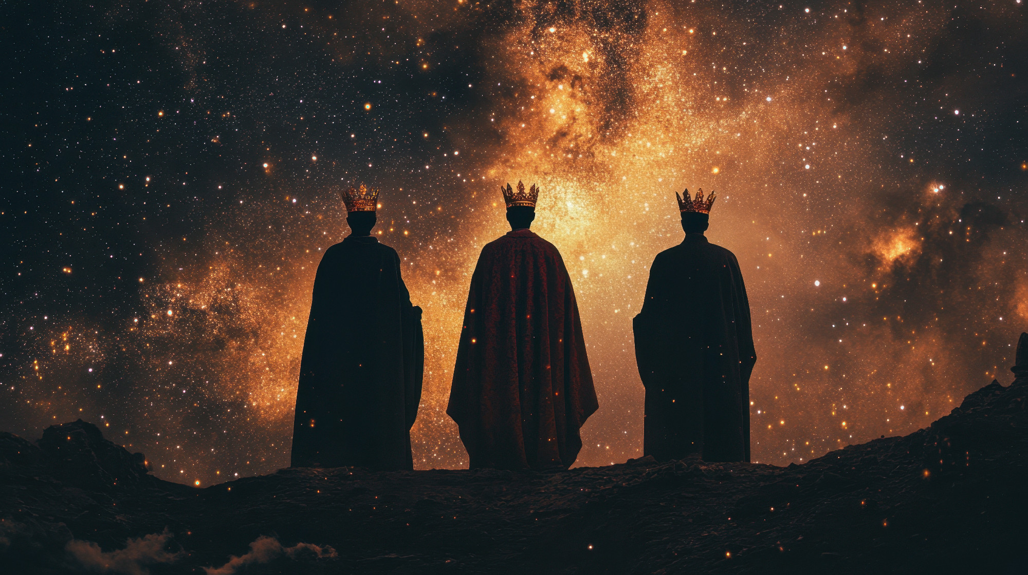 Three Silhouetted Kings Gazing at a Celestial Starry Sky