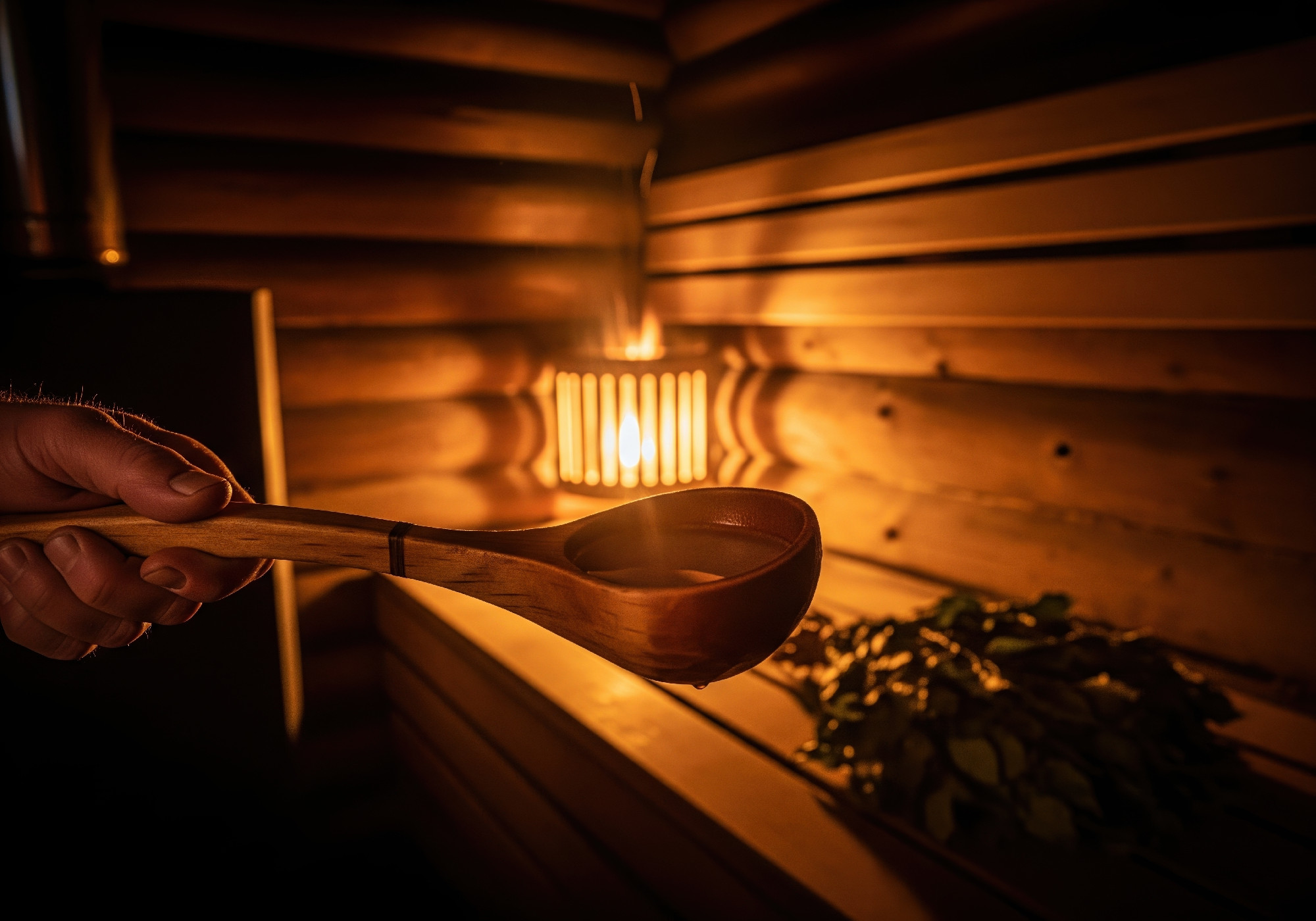 Pouring traditional finnish sahti beer from a wooden ladle in a dark and cozy sauna
