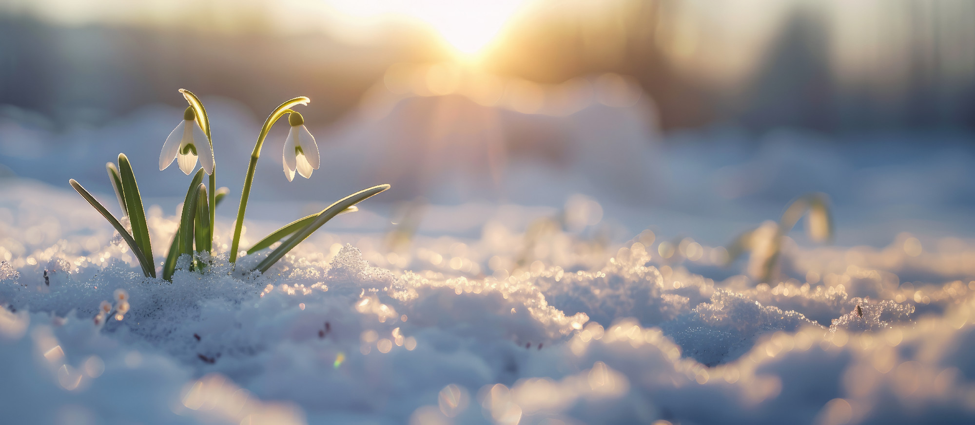 banner blossom snowdrops on a clearing in the snow in spring, spring concept, nature awakening