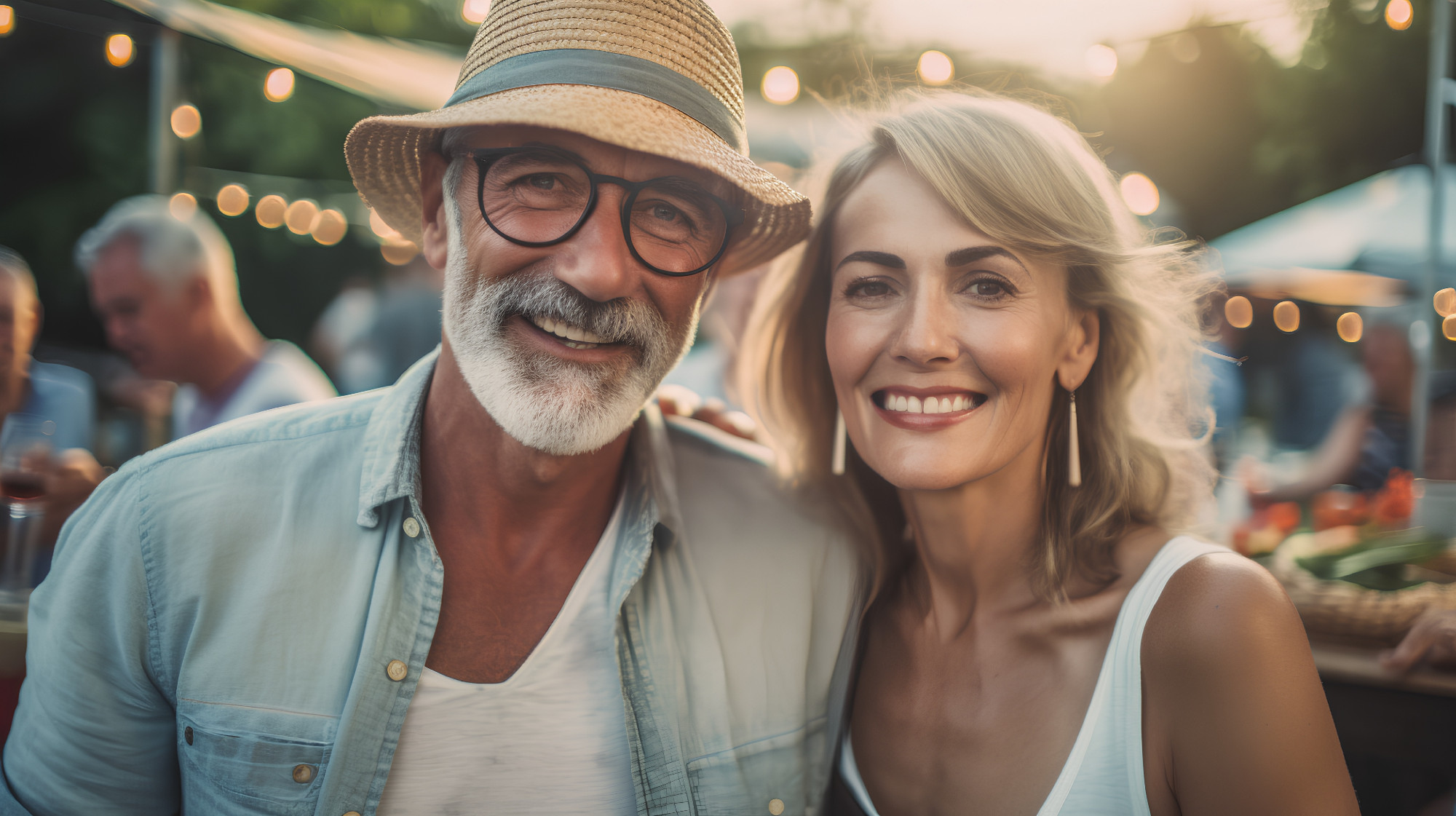 Portrait of a smiling senior couple at a farmers market. People, leisure and lifestyle concept.
