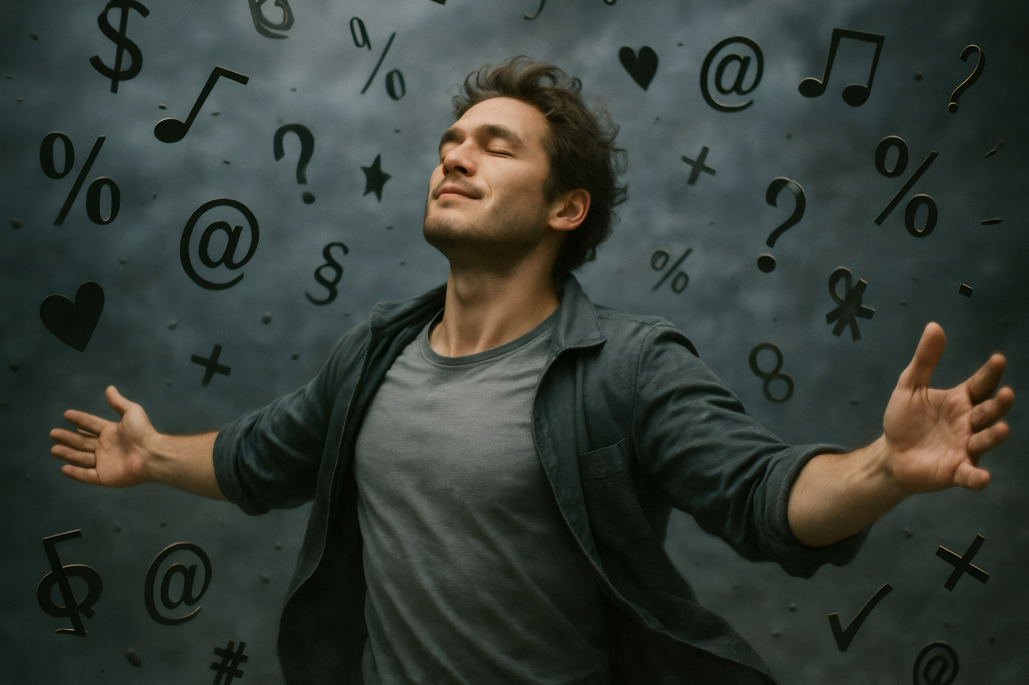 Young man finding peace and tranquility amidst a chaotic storm of information overload, embracing serenity with eyes closed and arms outstretched