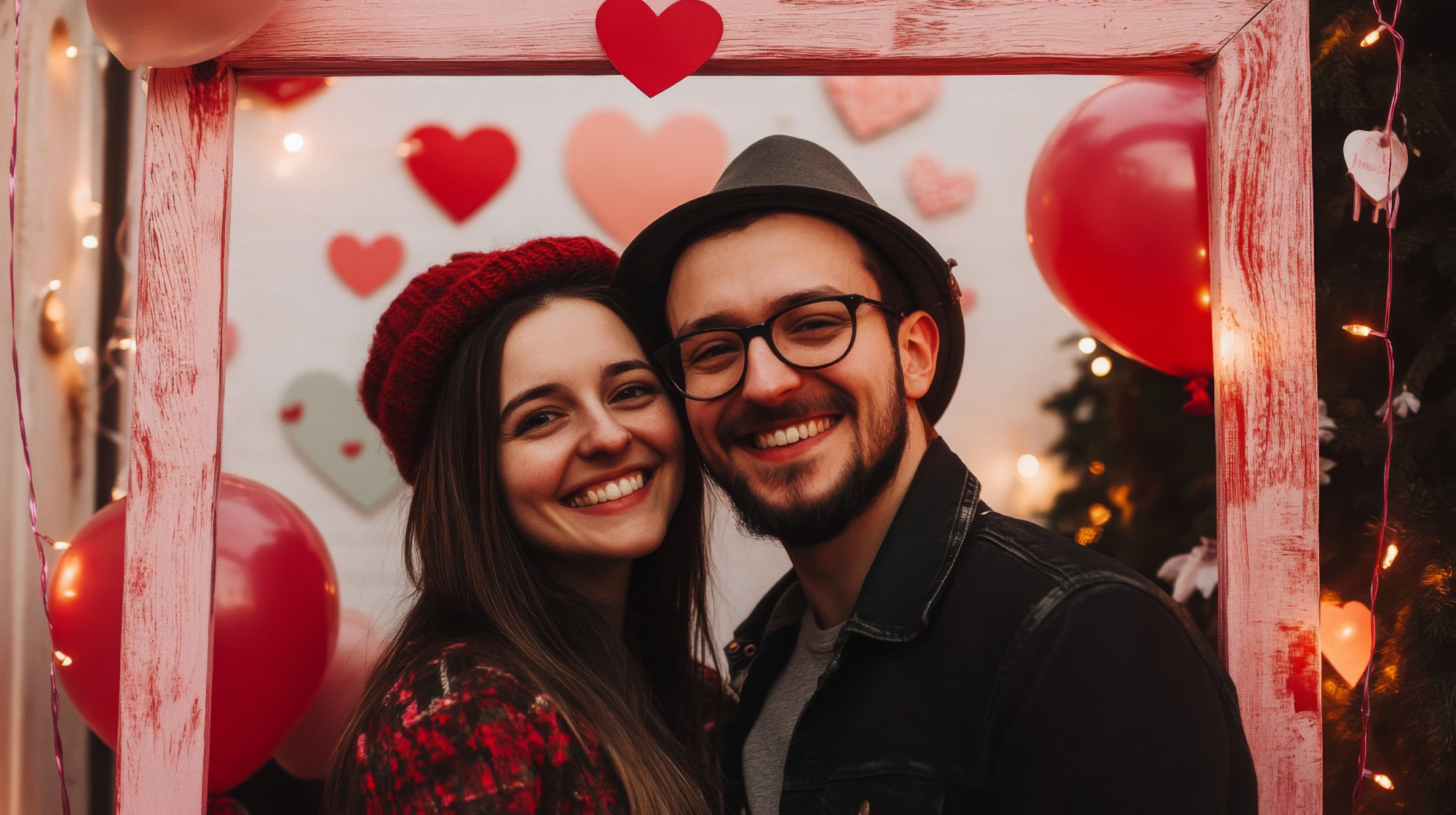 Smiling couple celebrating love at a festive decoration-filled event