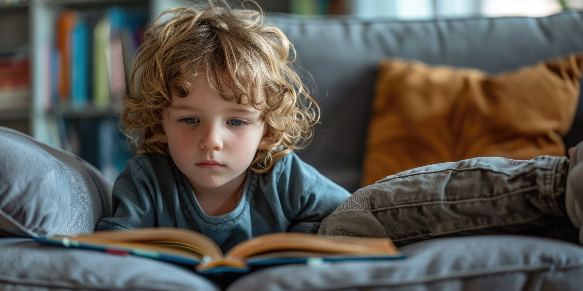 Cute boy reading a book and smiling while sitting on a sofa in the room. ai generated