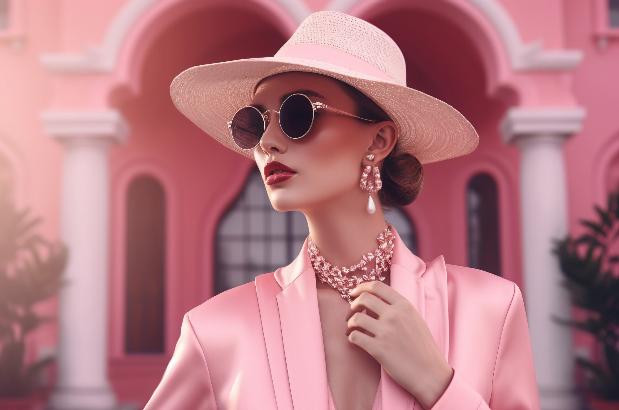 Graceful girl pink costume. Generate AI