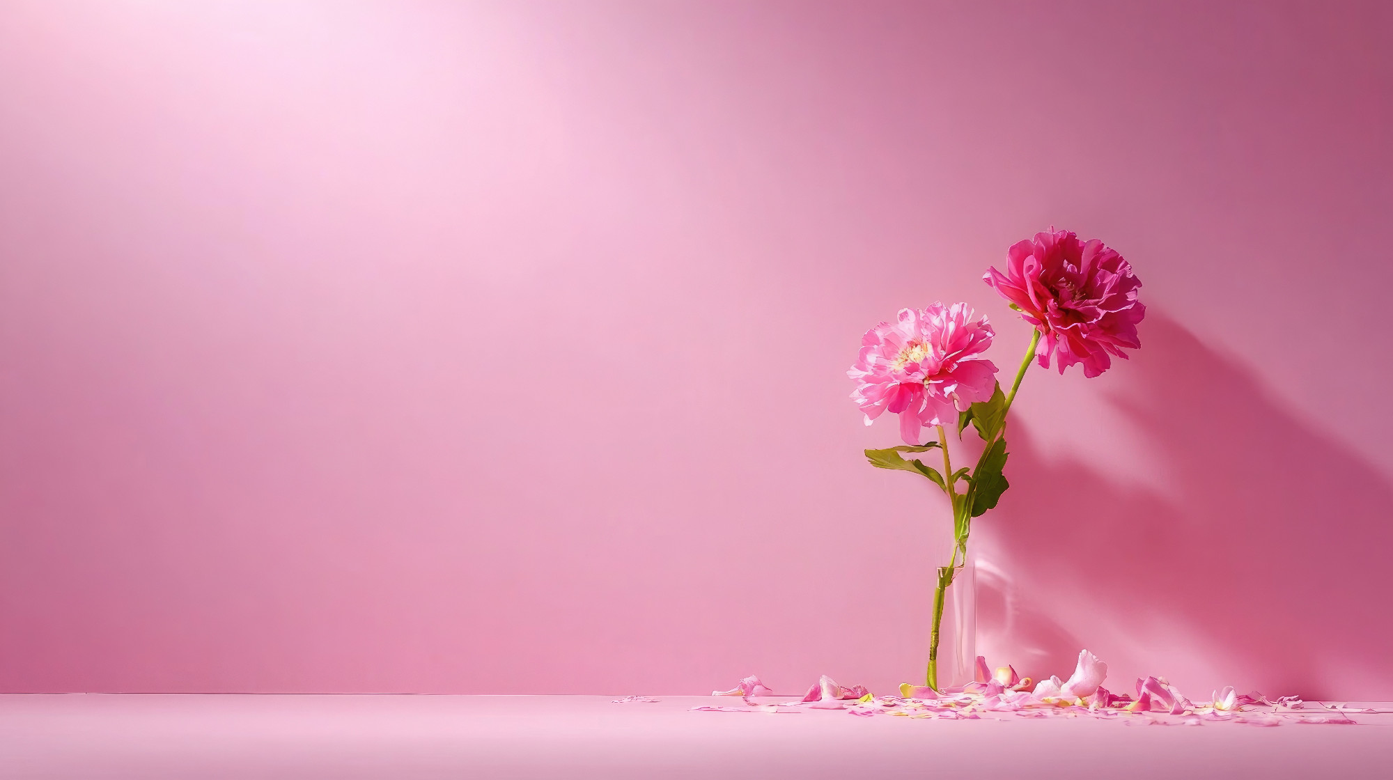 Delicate Pink Flowers in Glass Vase on Soft Pink Background with Petals on the Surface