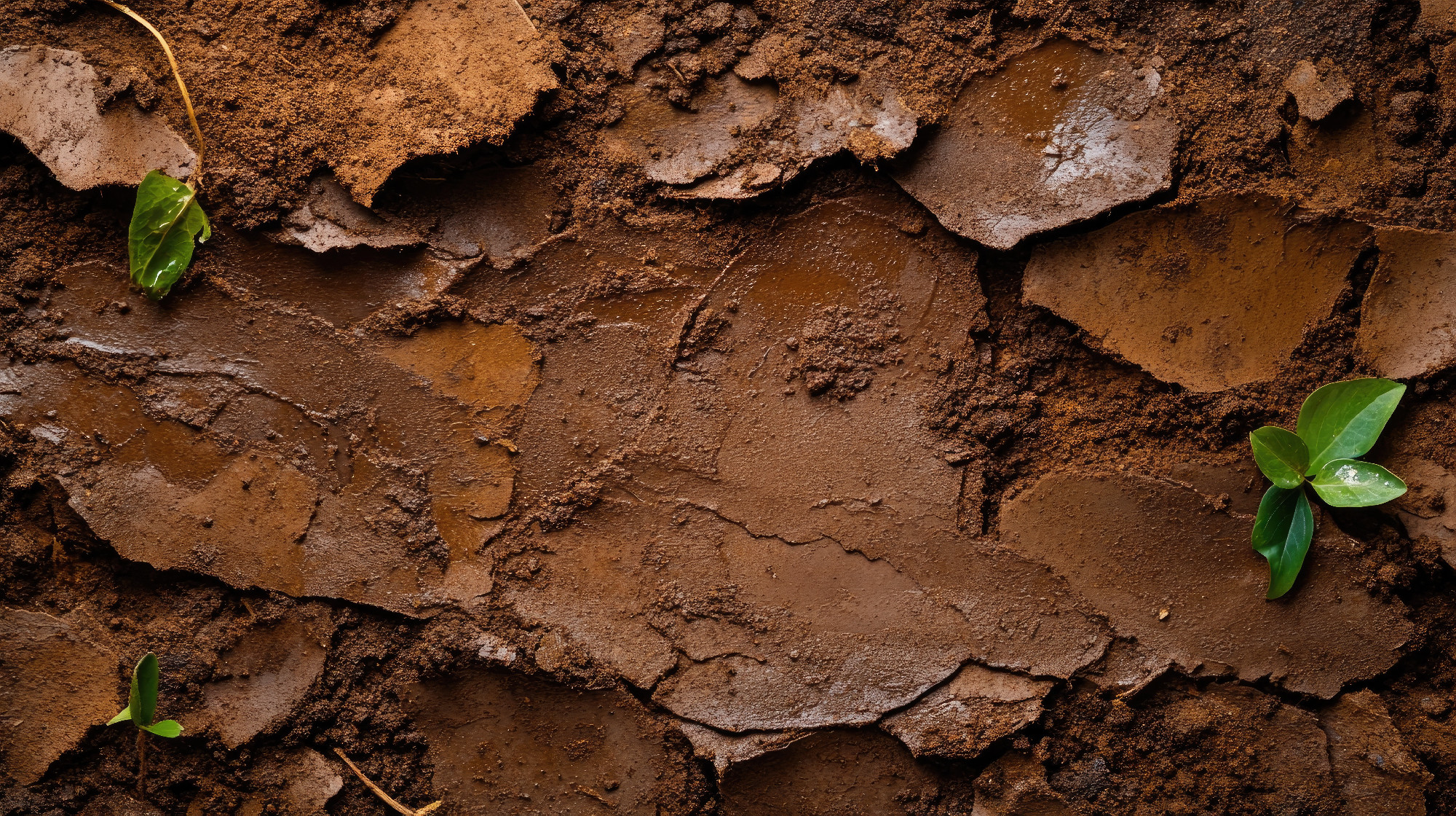 Cracked Earth with Green Leaves on Brown Soil Background for Nature and Sustainability Themes