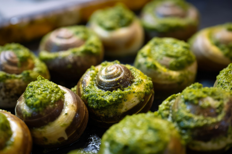 Spenótos galuska, céklás ravioli, császármorzsa, csiga zöld mártásban