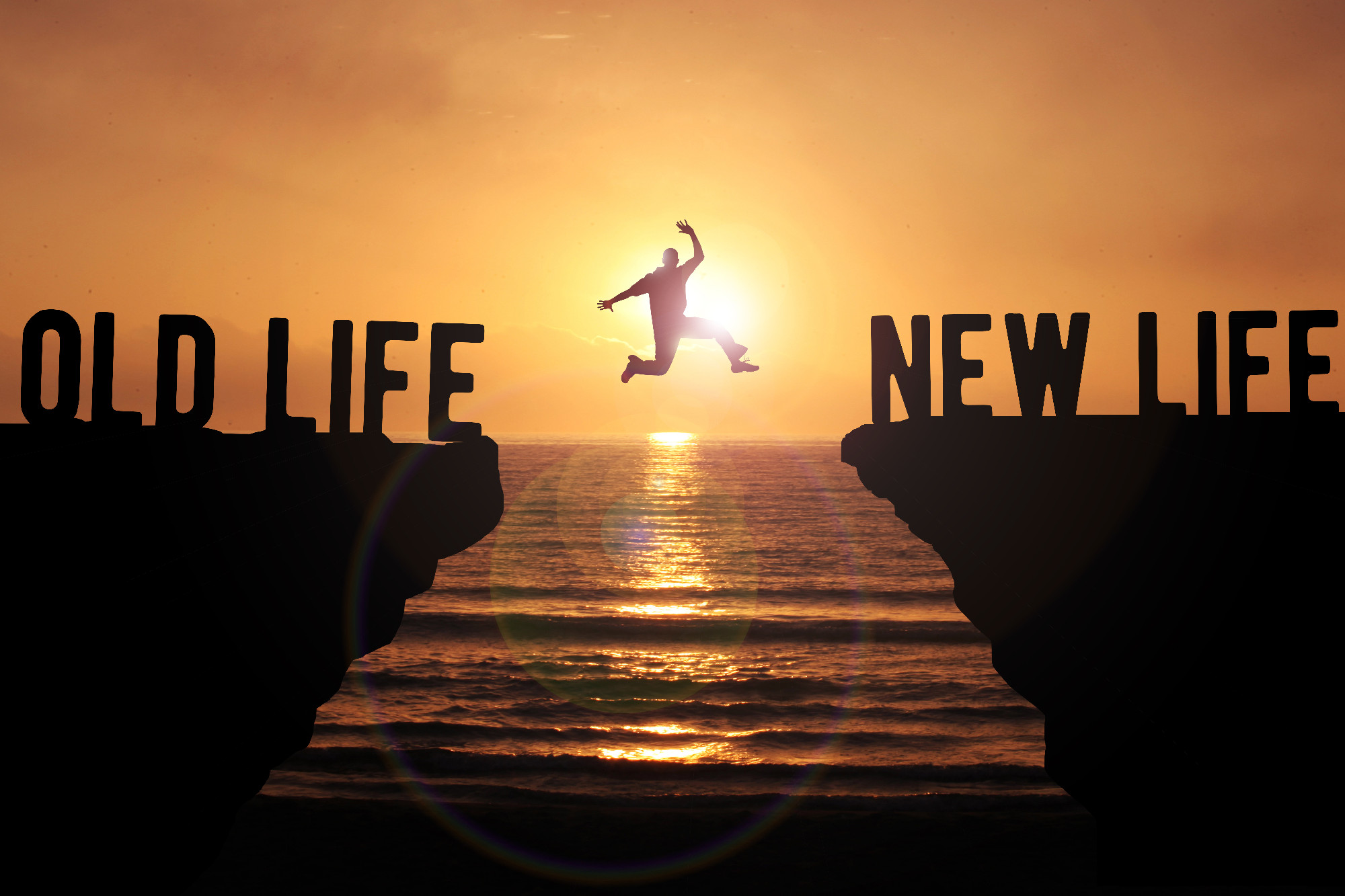 New Life and Old Life concept with silhouette of a person jumpin