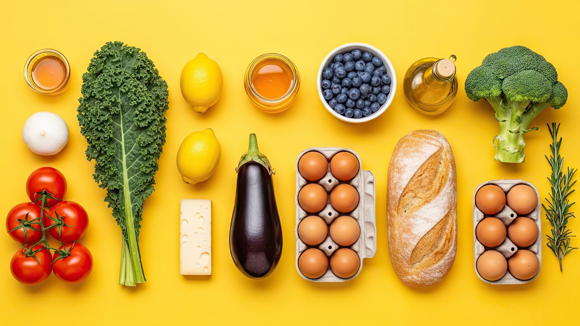 Assortment of fresh produce and groceries on yellow background