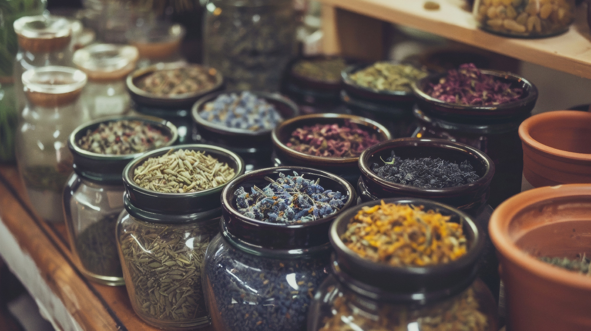 Assorted dried herbs in glass jars