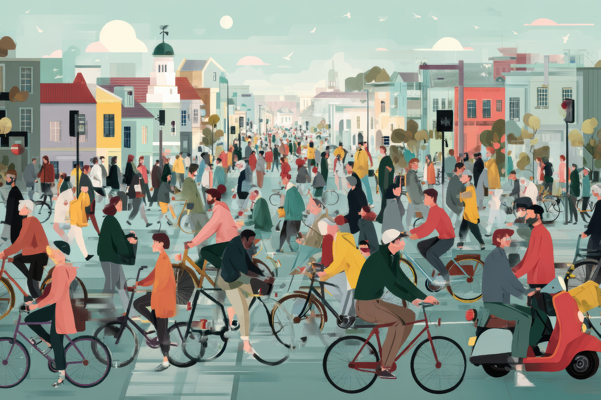 City Commuters Navigating Urban Streets on Bikes and Scooters During Midday