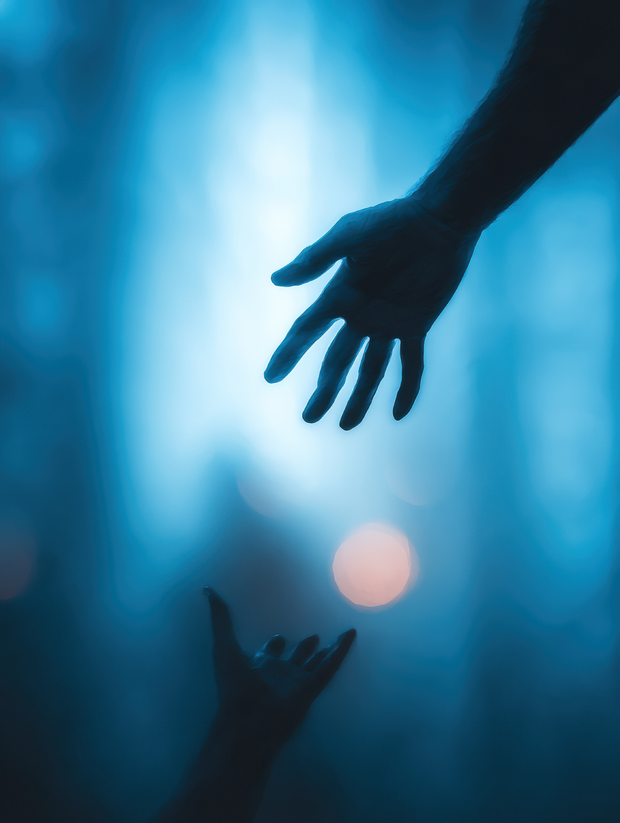 Hands Reaching out for Help in a Glowing Blue Atmosphere Creating a Sense of Connection and Support
