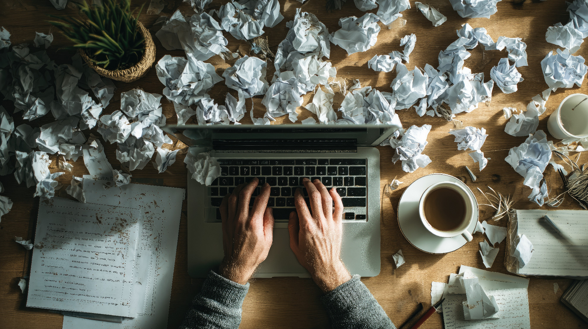 Hands typing on laptop surrounded by crumpled papers