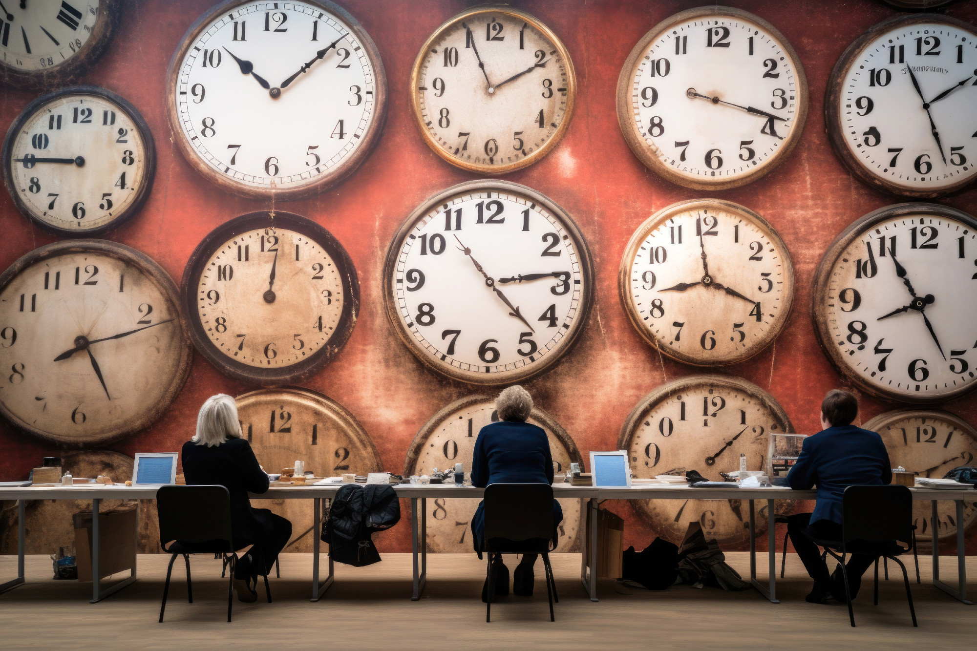 Illustration of people sitting at computers against the backdrop of a large wall with numerous clocks. Deadline concept, time management