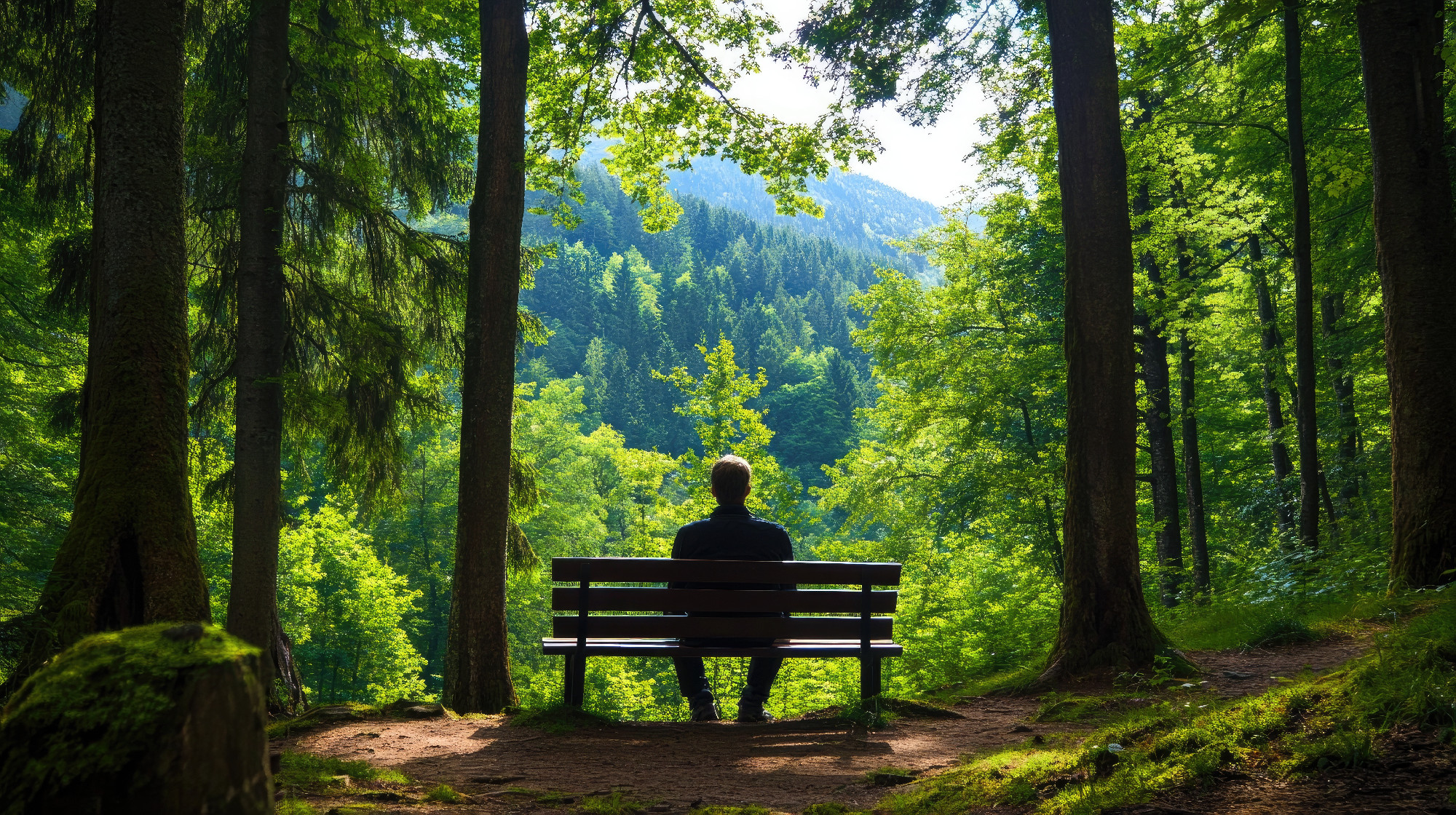 Serene Individual Sitting on Bench Surrounded by Lush Green Forest