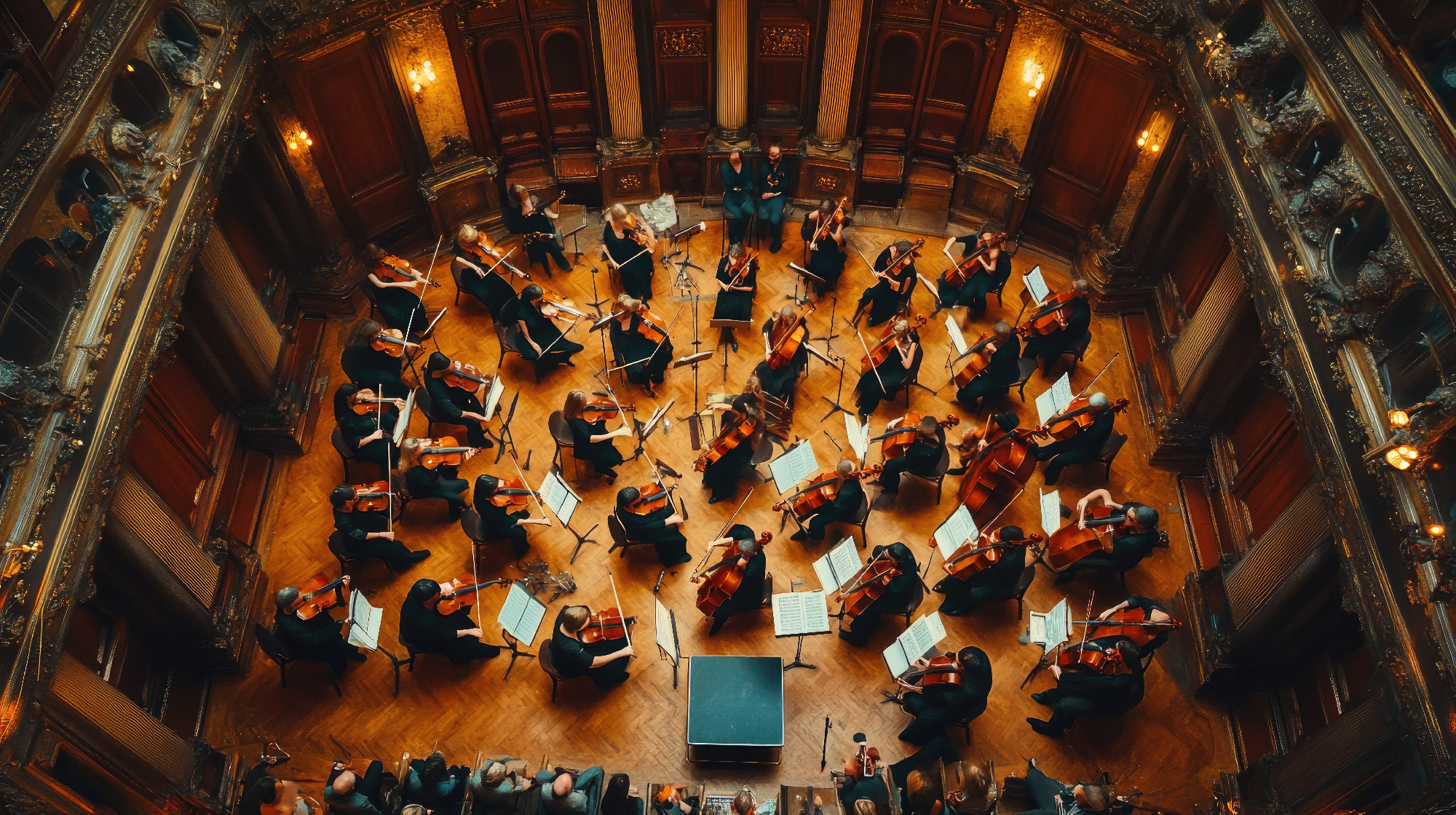 Top view of a symphony orchestra performing in a grand concert hall.