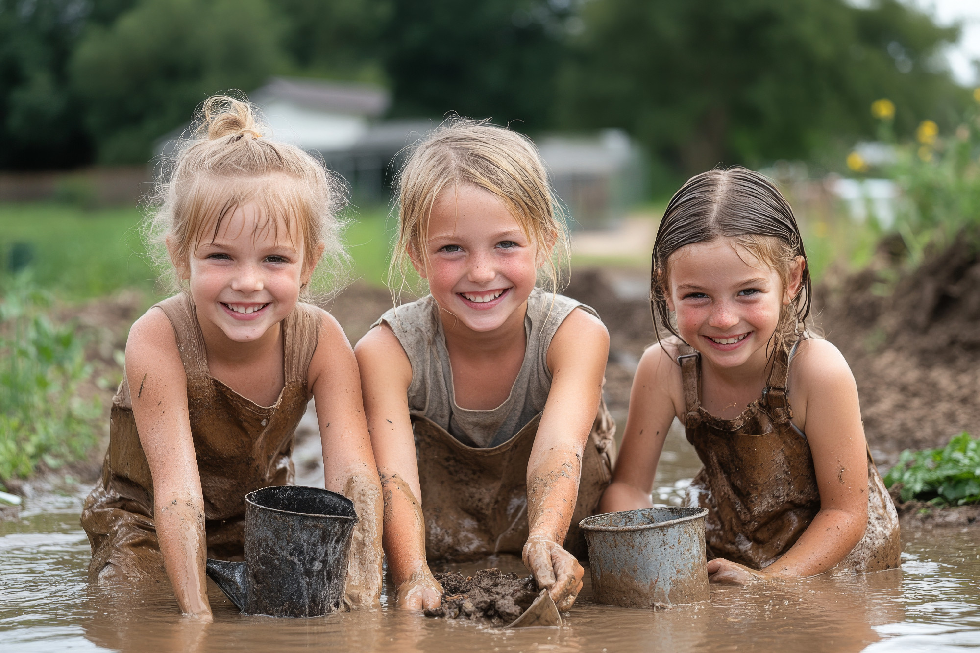 Three joyful children playing in muddy puddles with buckets in a vibrant outdoor setting during a sunny day filled with laughter and excitement