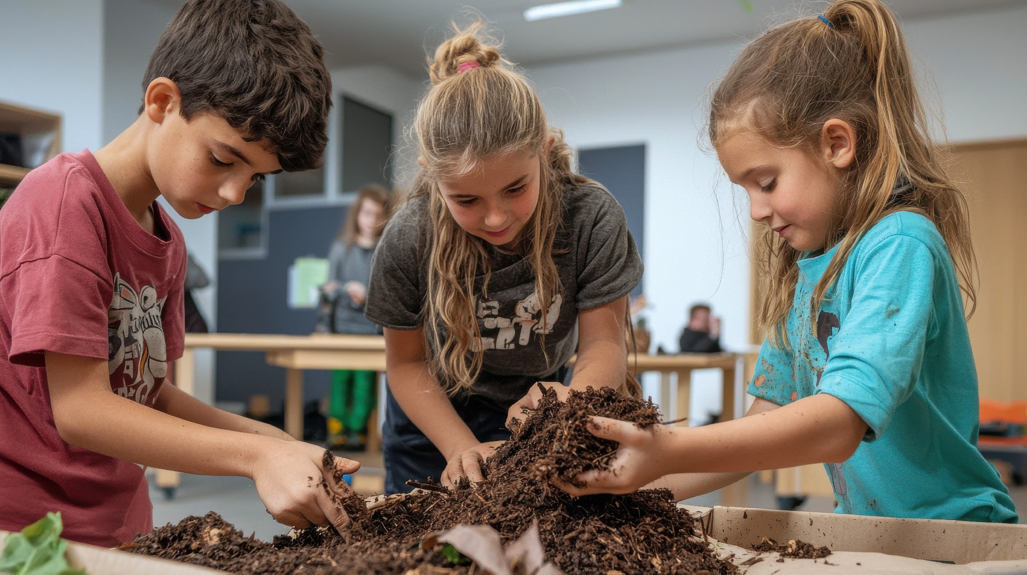 Three children are playing in the dirt