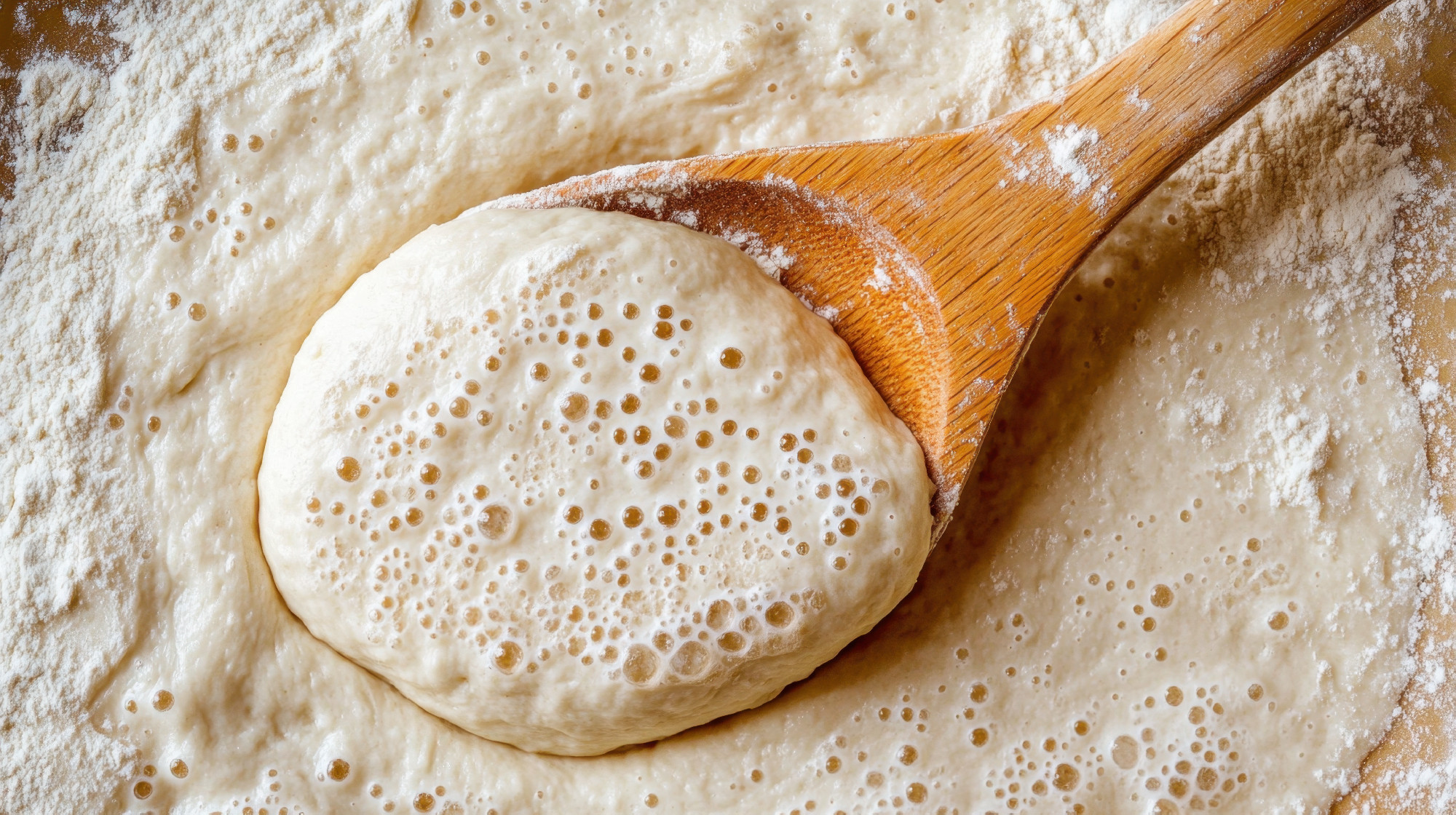 Close-up of Fermented Dough with Bubbles and Wooden Spoon on Flour Surface for Baking and Culinary Art