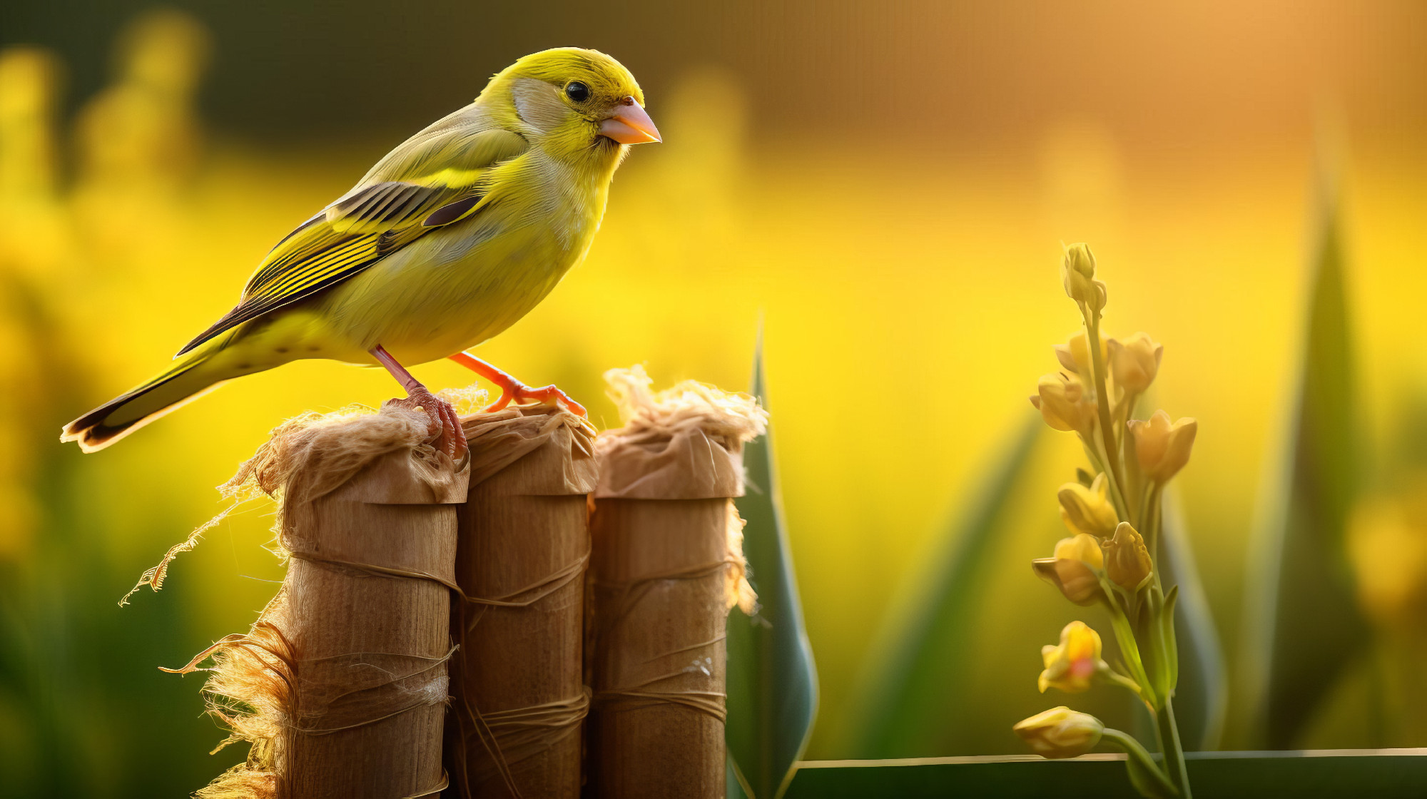 Greenfinch Perched On Fence Post At Sunny Farm
