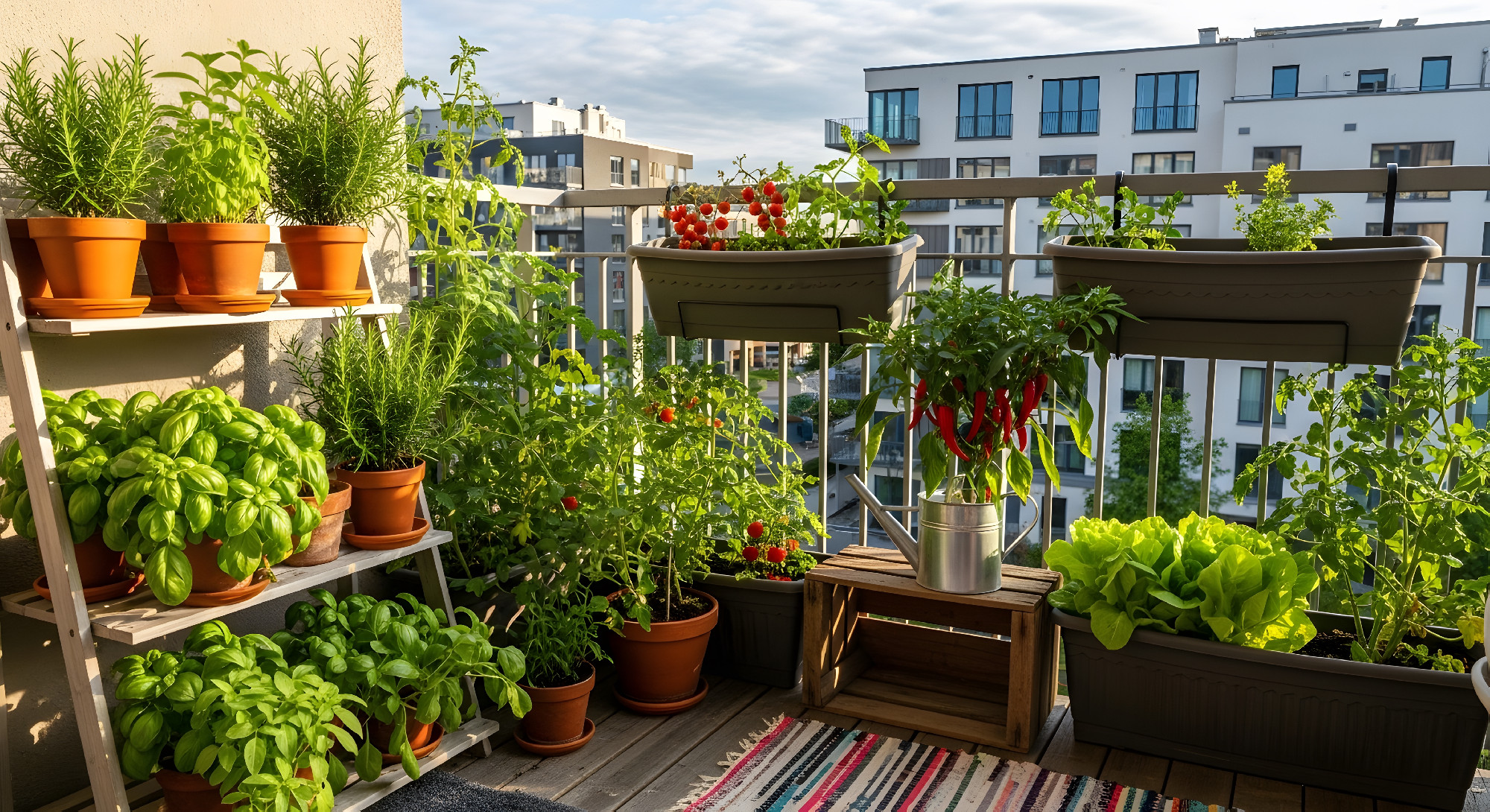Urban Balcony Garden with Herbs, Vegetables, and Flowering Plants in Containers