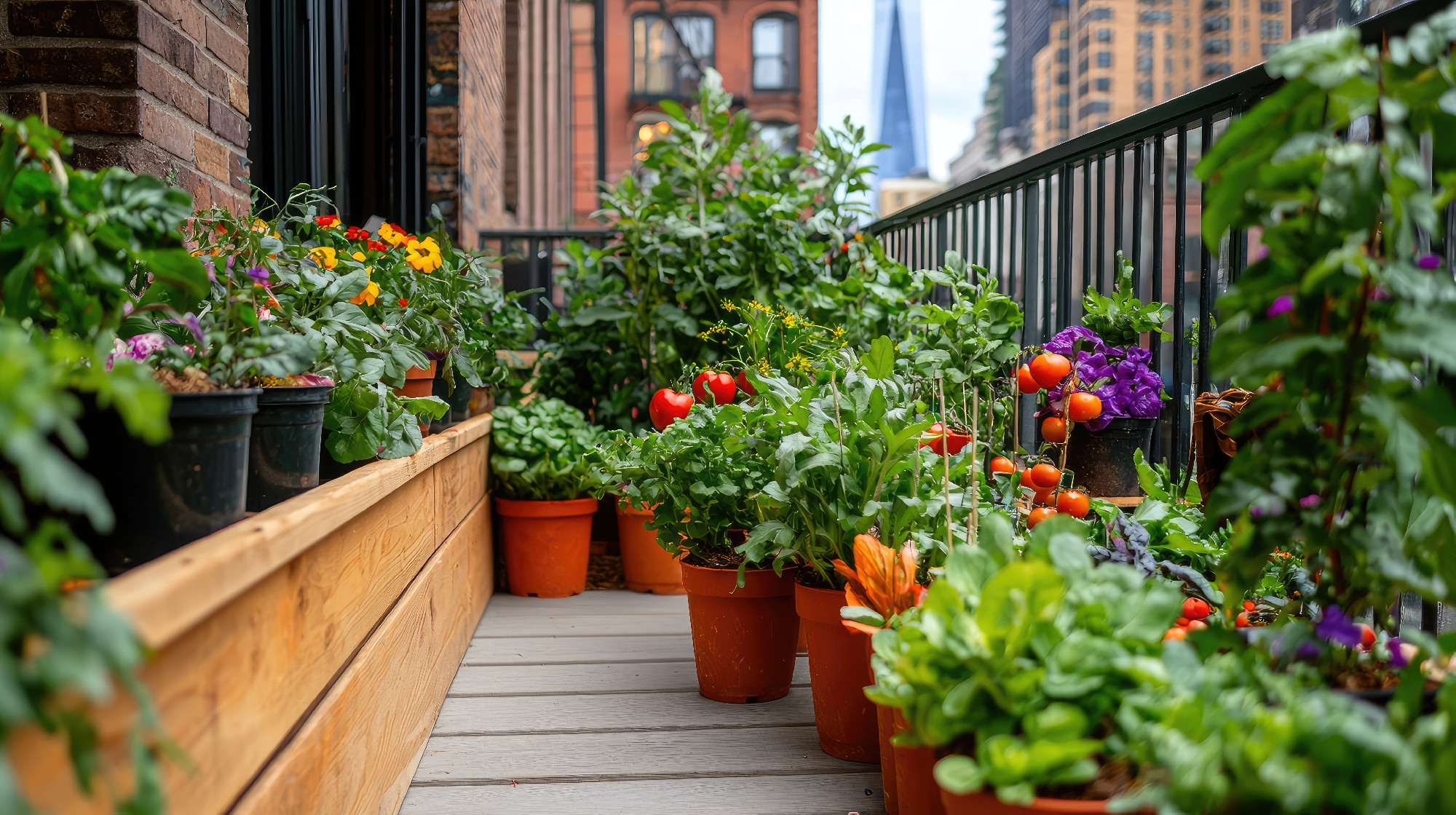 Urban Balcony Garden with Colorful Plants and Fresh Vegetables