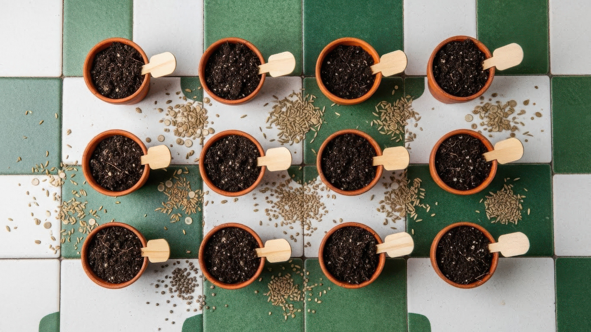 Arrangement of small terracotta pots filled with soil and wooden labels, surrounded by scattered seeds on green and white tiles