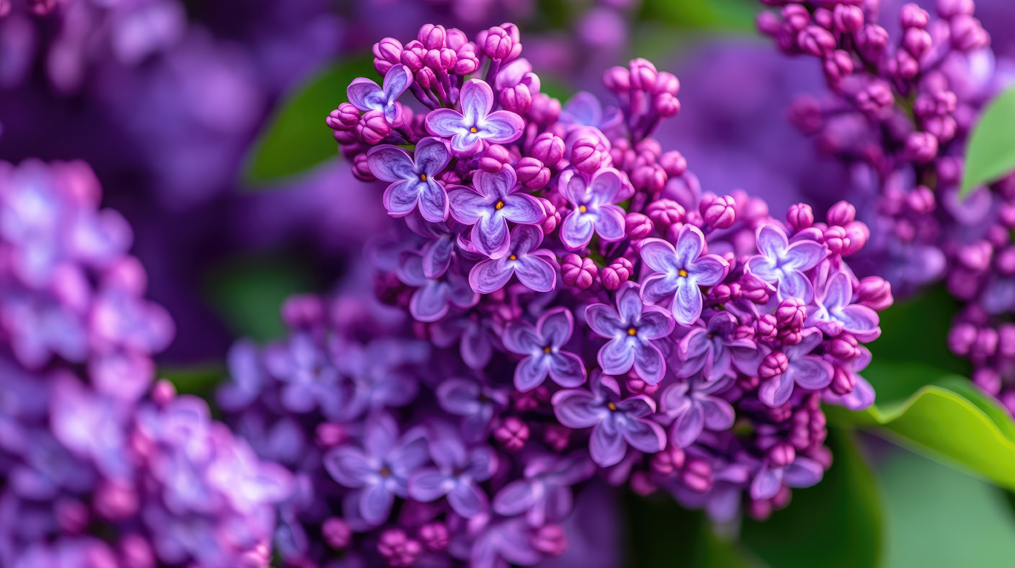 A cluster of bright purple lilacs in full bloom, with their tiny flowers creating a dense, fragrant bouquet.