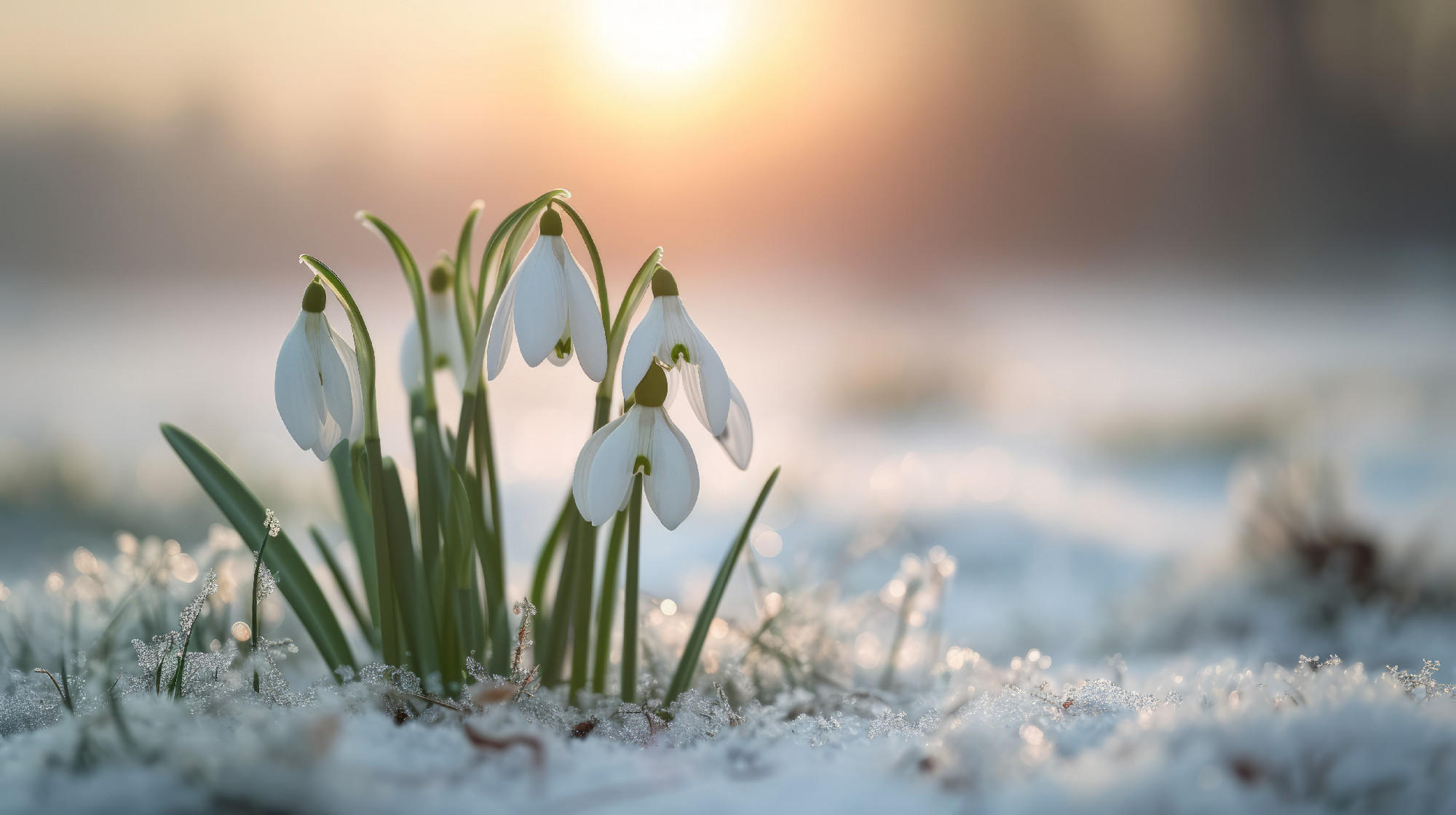 Group of Snowdrops on Snow-Covered Ground