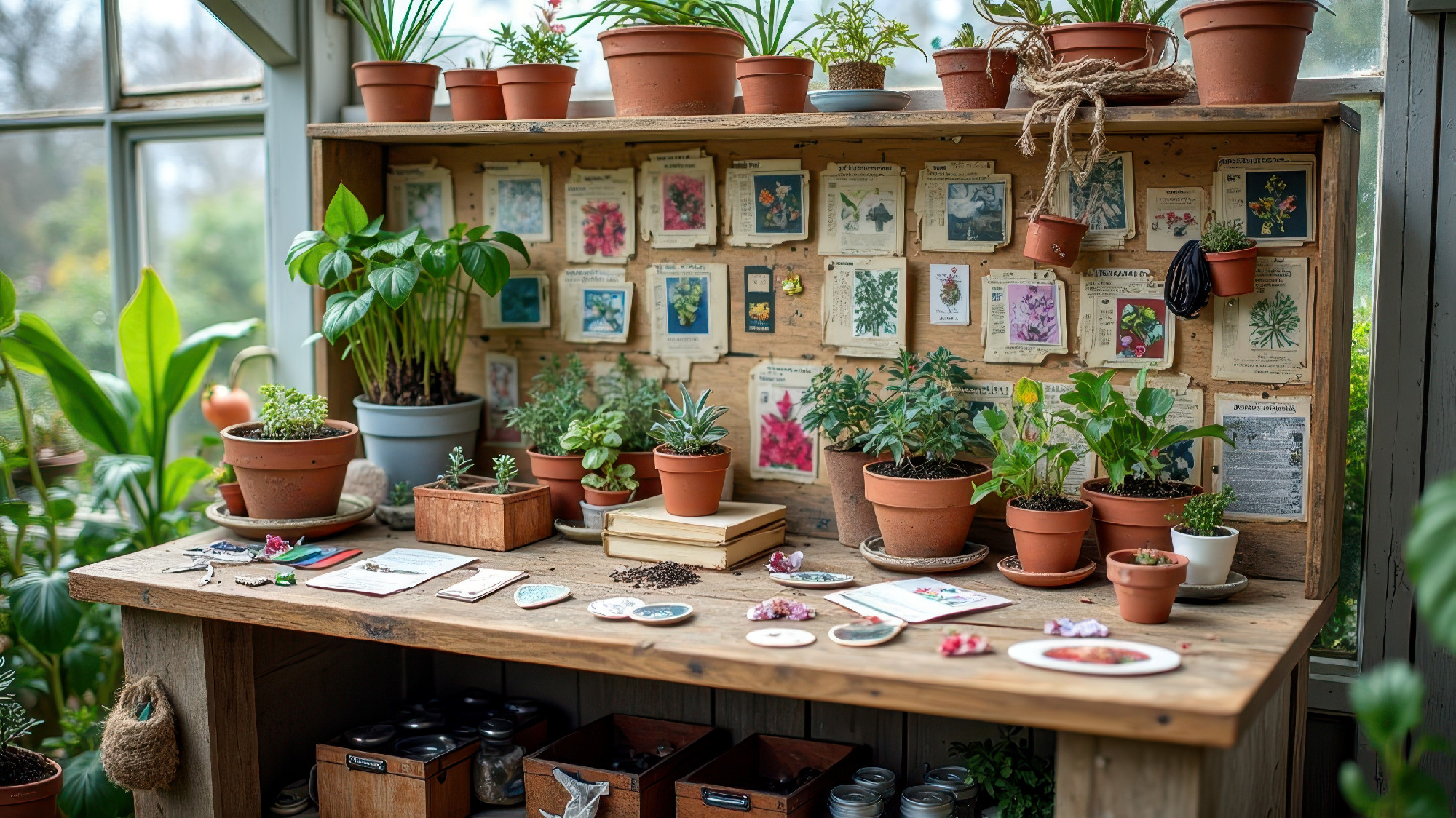 Cozy greenhouse workspace with potted plants and botanical wall art