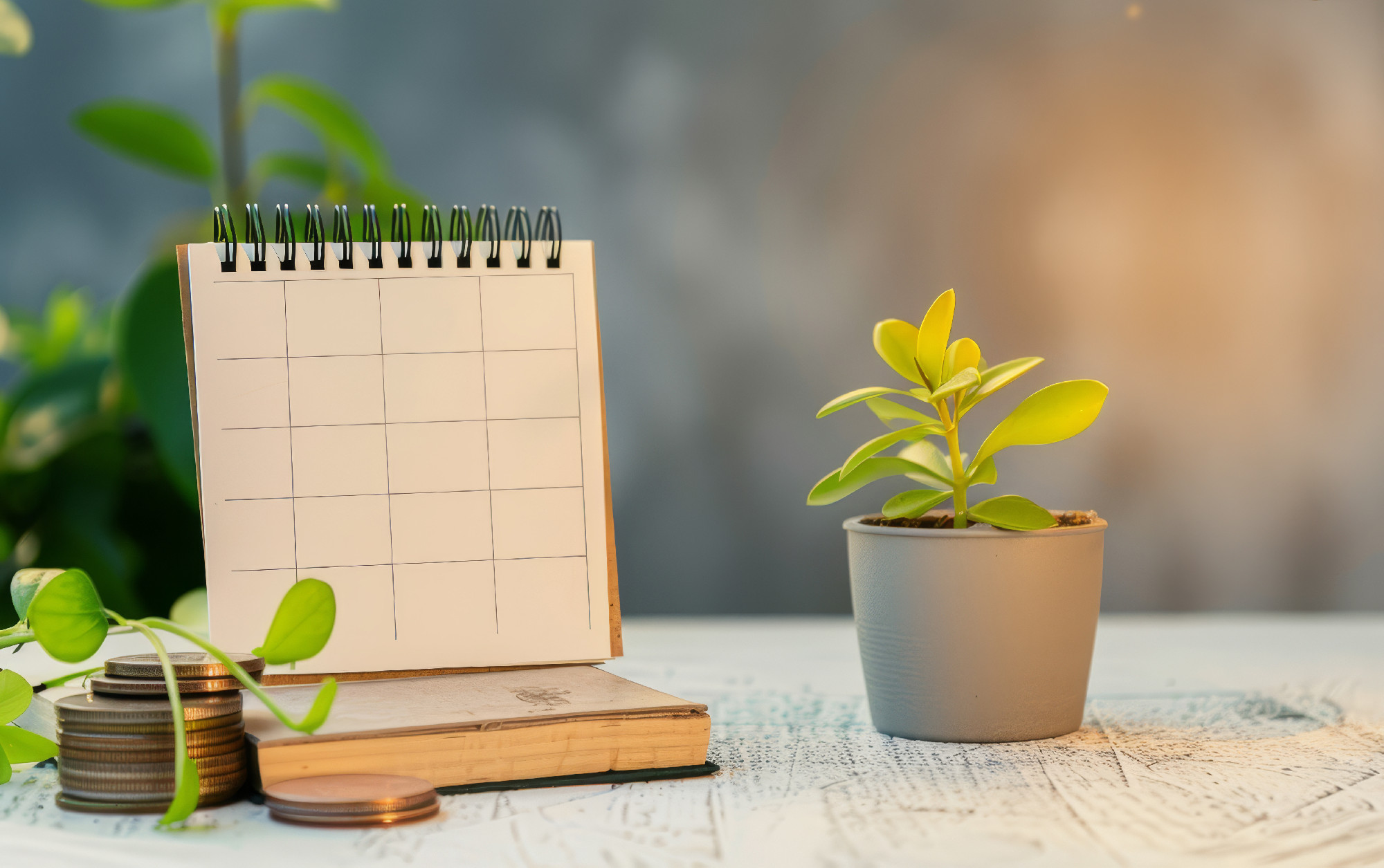A blank calendar rests on coins beside a small plant and a notebook on a wooden table