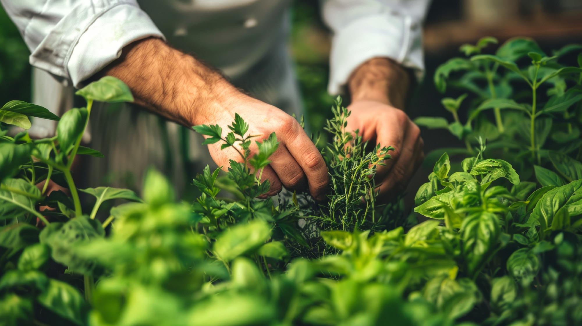 Chef in a white coat picking fresh herbs in a garden. Concept of culinary, cooking, gardening, organic ingredients