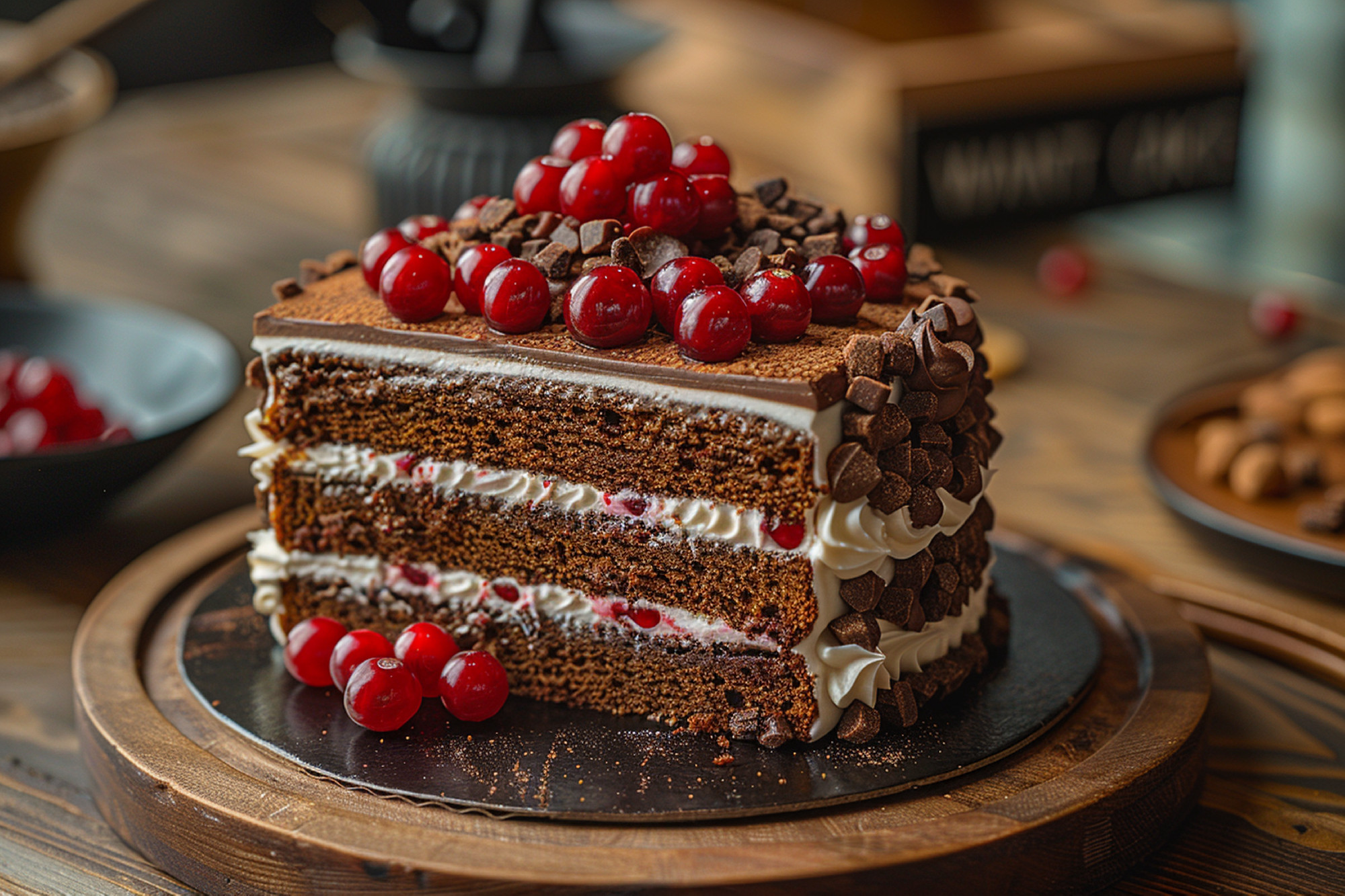 Black forest Chocolate cake decorated with white whipped cream, cookies and chocolates on a table. Brown birthday cake. AI Generative