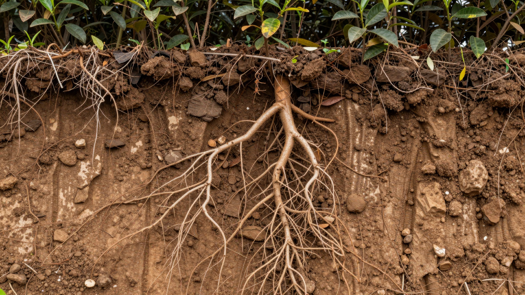 Roots and soil structure at a garden edge showing how plants connect with the ground during a sunny day