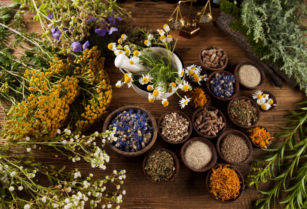 Herbal medicine on wooden desk background