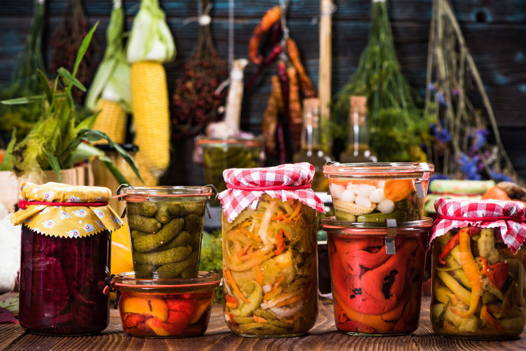 Variety of Marinated Pickled and Fermented vegetables food in ja