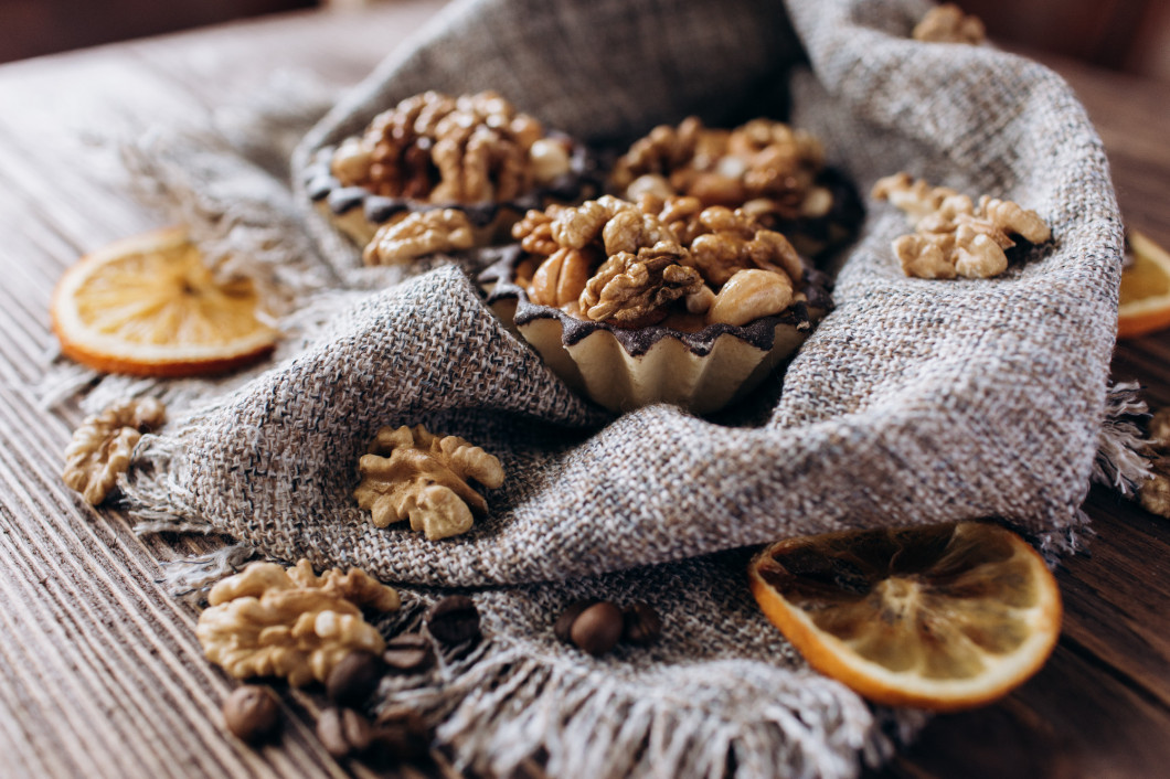 Sweet basket cake with condensed milk and nuts. Homemade baking. 