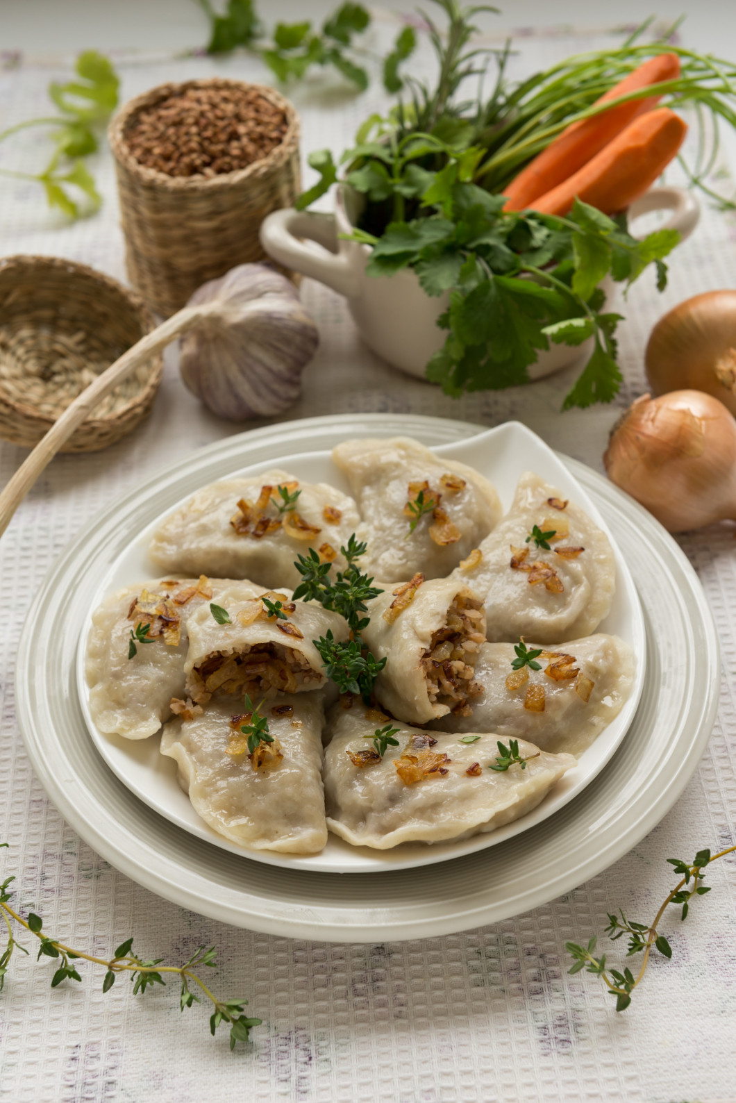 Dumplings with buckwheat porridge and fried onions. This is a very popular food in Poland